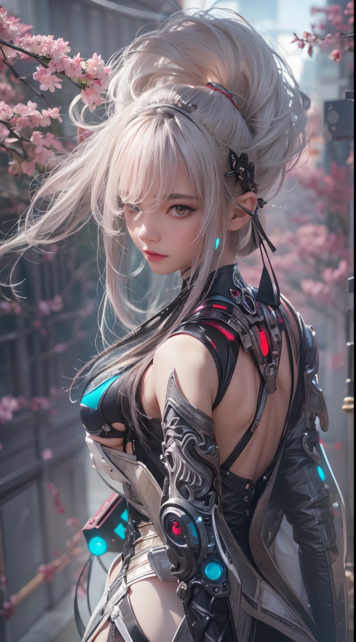 ​masterpiece, 1 beautiful girl, Detailed eye, Swollen eyes, top-quality, 超A high resolution, (reality: 1.4), 电影灯光, very extremely beautiful, Beautiful skins, A slender, Forward-facing body, (A hyper-realistic), (hight resolution), (8K), (ighly detailed), ( Best Illustration), (beautifully detailed eyes), (ultra-detailliert), 详细的脸, Bright lighting, Professional Lighting、the most beautiful and sexy cyberpunk girl, rainbow colored hair, orange eyes, dark african skin, wearing incredibly detailed futuristic cyberpunk battle armor, huge enormously gigantic tits, cleavage showing, tons of tattoos and piercings, in hyper futuristic city metropolis, cherry blossoms blowing in the wind, cinematic, incredibly perfect masterpiece, high quality, high resolution