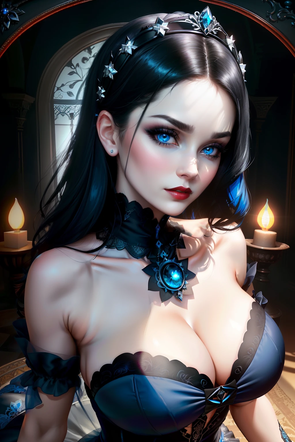 ((old painting portrait face and breast close up)) ((round ornamented frame)) 2women beautiful face, big glowing blue eyes, bright red lipstick, dark eyeshadows make up, (prideful stare)(long straight black hair), (pale skin), silver neck ornament, silver tiara (huge breast), (slim figure), (sexy black and blue strapless dress), (big cleavage), hand playing with hair, (master piece, intrincated details, reflex, photo reslistic, amazing lights and shadows) (8k) perfect eye, perfect face, inside (dark room background)
