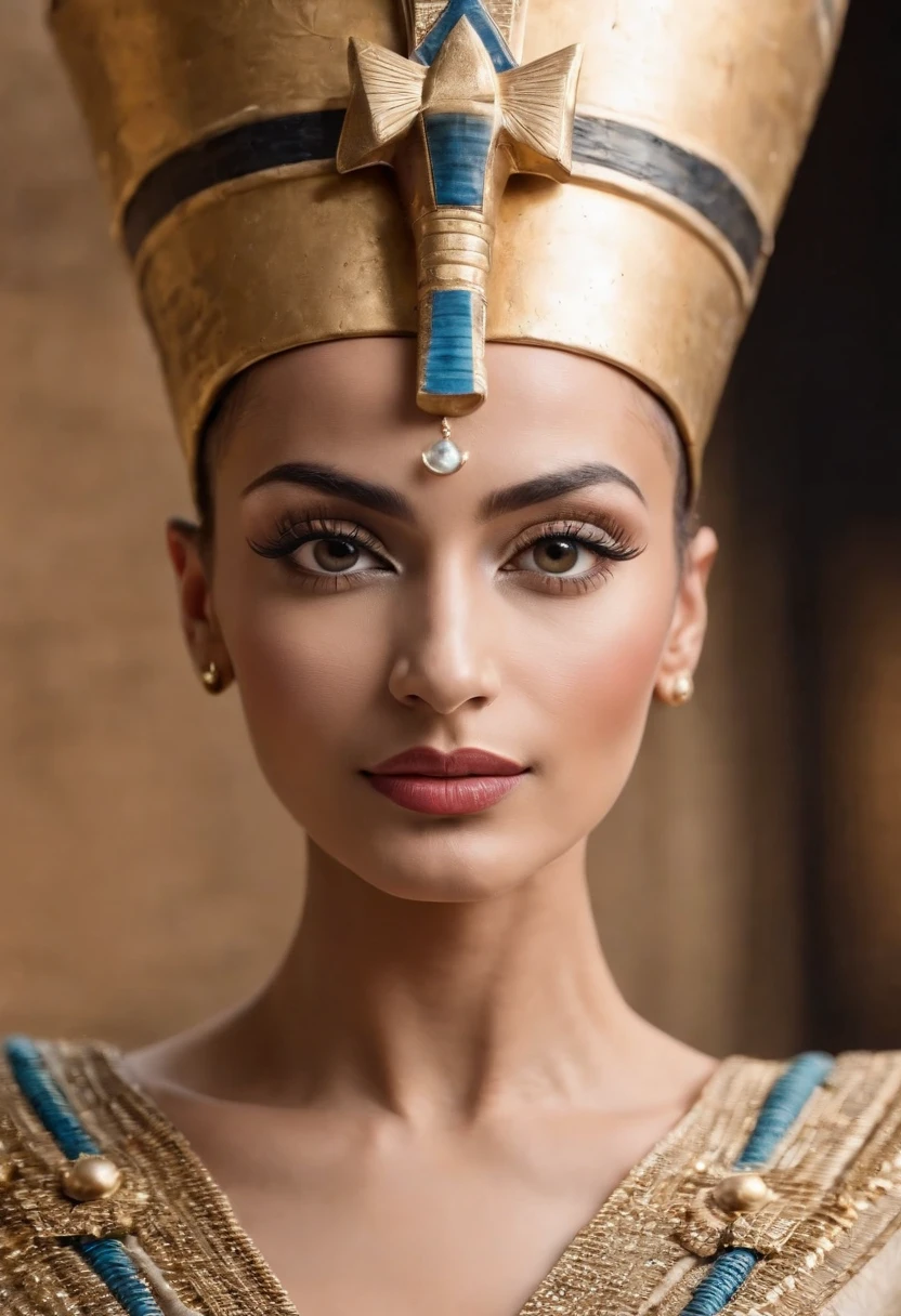 Beautiful egyption queen Nefertiti posing to camera, happily proud brave face expression, egyption face, middle eastern,