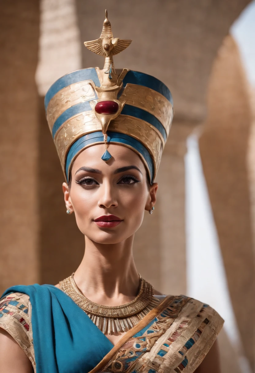 Beautiful egyption queen Nefertiti posing to camera, happily proud brave face expression, egyption face, middle eastern,