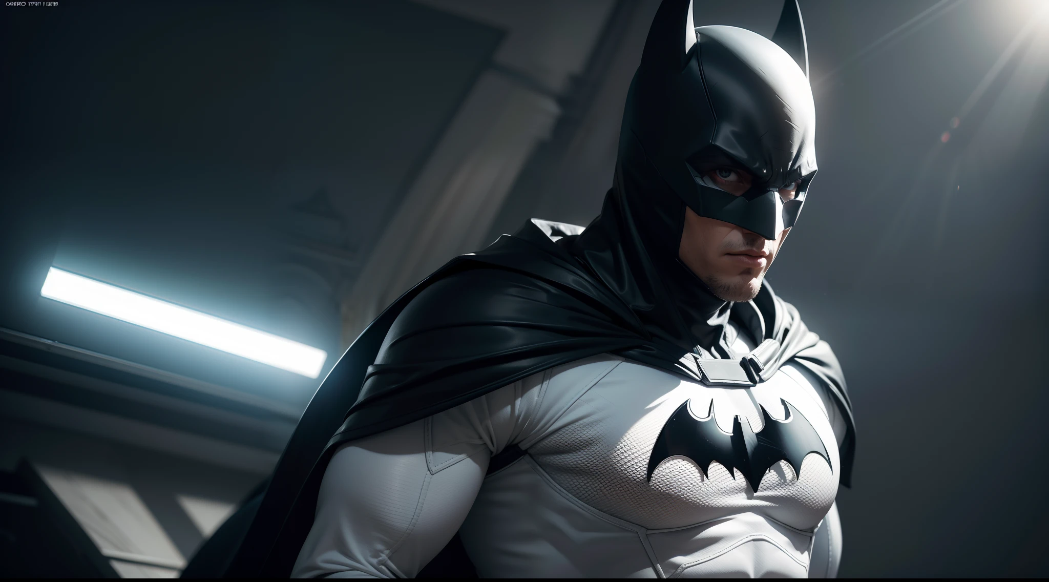 Batman (White costume) от DC Comics, CGI with clear focus, Photorealistic, high detail, Realistic, Masterpiece, absurdress, Best Quality, HDR, hiquality, hight resolution, Extremely detailed, 8k wallpaper, intricate details, 8K UHD, Full-HD, (foto realista:1.2), Contrast, sharp lighting, Cinematic lighting, natural lighting, hard light, Backlighting, Global Illumination, Environment Occlusion