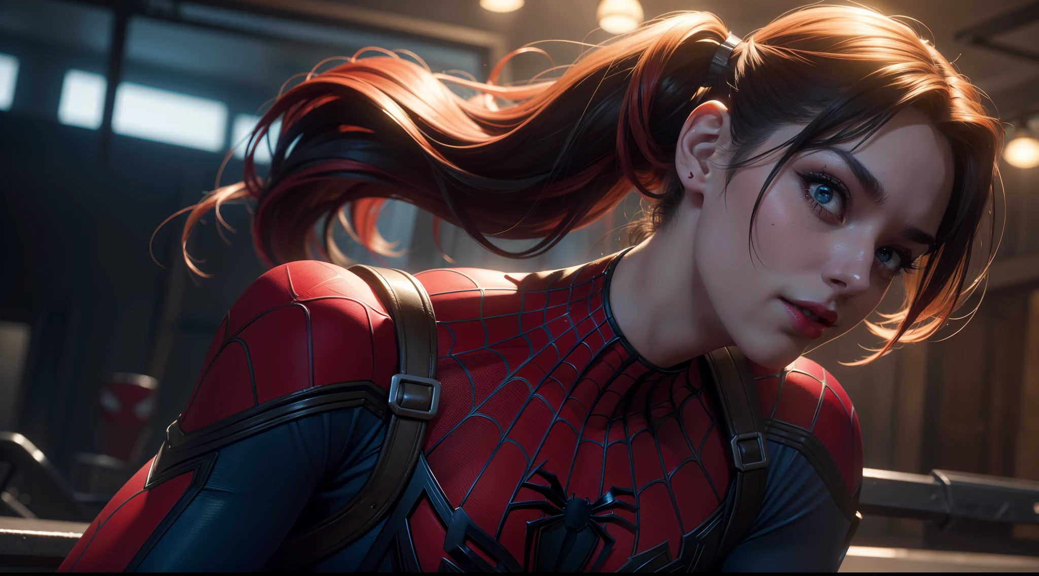 Harley Quinn (tetas grandes, Spider-Man-themed costume mix) от DC Comics, CGI with clear focus, Photorealistic, high detail, Realistic, Masterpiece, absurdress, Best Quality, HDR, hiquality, hight resolution, Extremely detailed, 8k wallpaper, intricate details, 8K UHD, Full-HD, (foto realista:1.2), Contrast, sharp lighting, Cinematic lighting, natural lighting, hard light, Backlighting, Global Illumination, Environment Occlusion