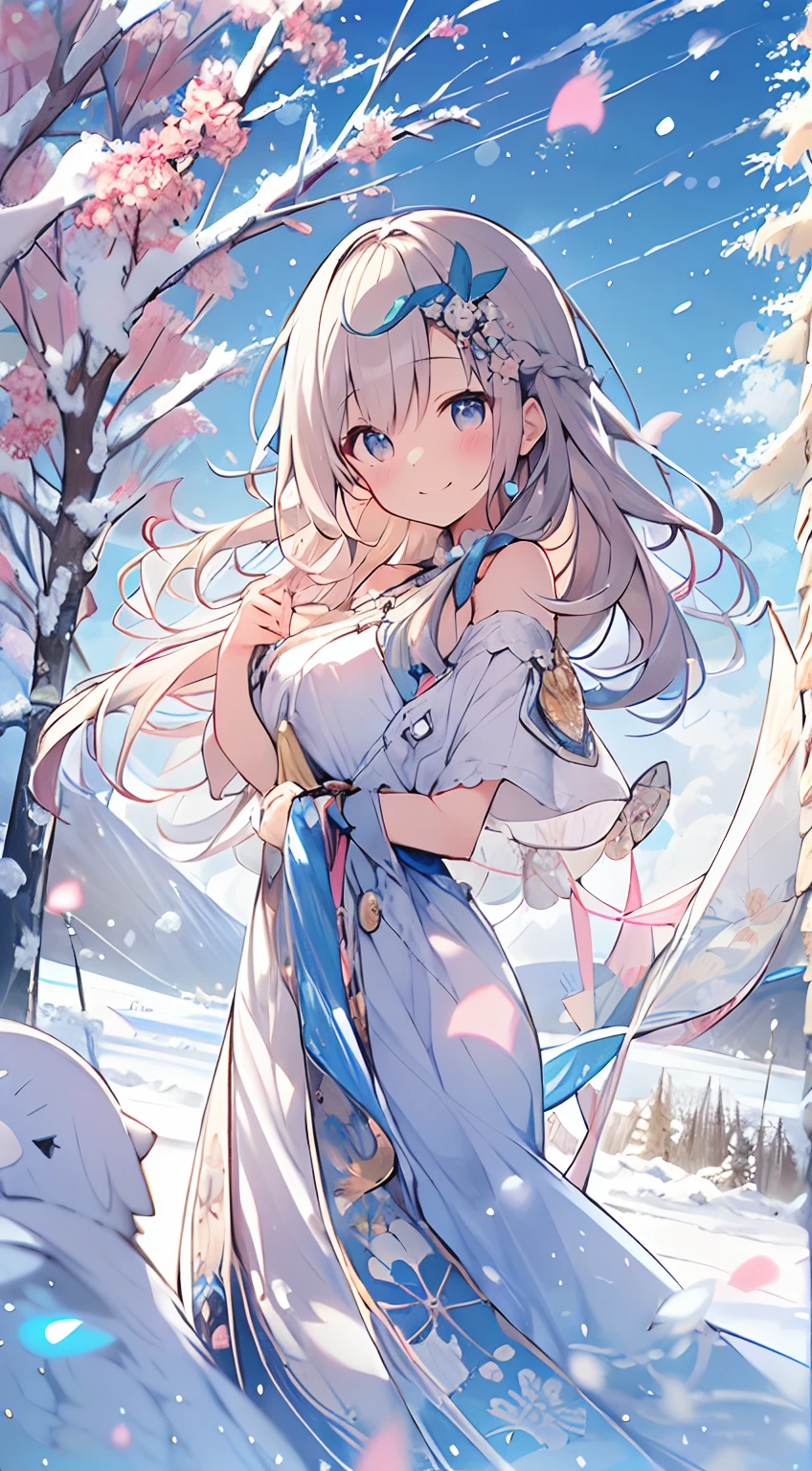 masutepiece, Best Quality,Illustration, Wallpaper, ultra -detail, Absurd beauty, 1beautiful girl、Bright hair color、Glitter and big eyes、Hair fluttering in the wind、ample breasts、♡、Smaller head、Winter scene、miscievous smile、Angle from which you can see the whole body