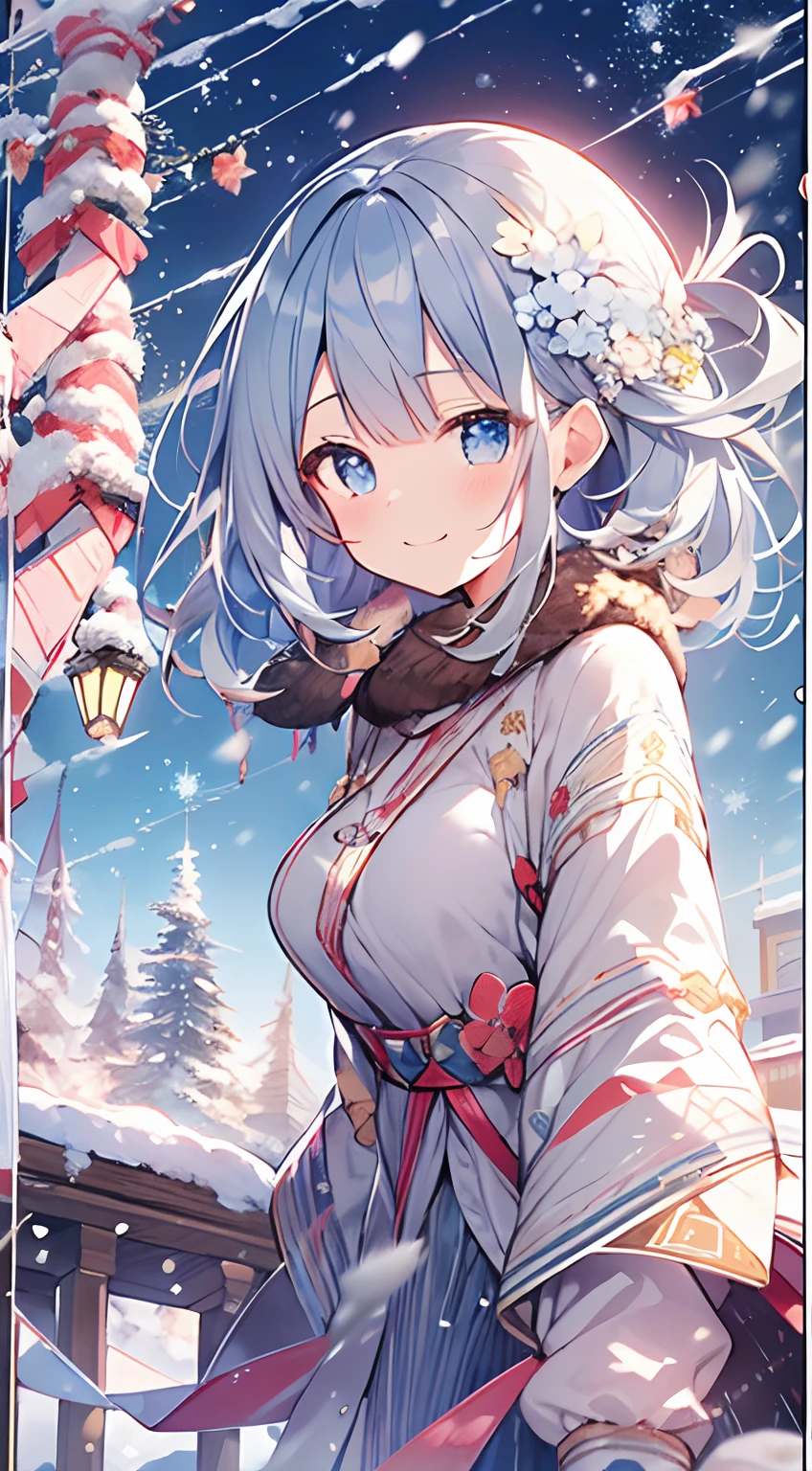 masutepiece, Best Quality,Illustration, Wallpaper, ultra -detail, Absurd beauty, 1beautiful girl、Bright hair color、Glitter and big eyes、Hair fluttering in the wind、ample breasts、♡、Smaller head、Winter scene、miscievous smile、Angles from afar