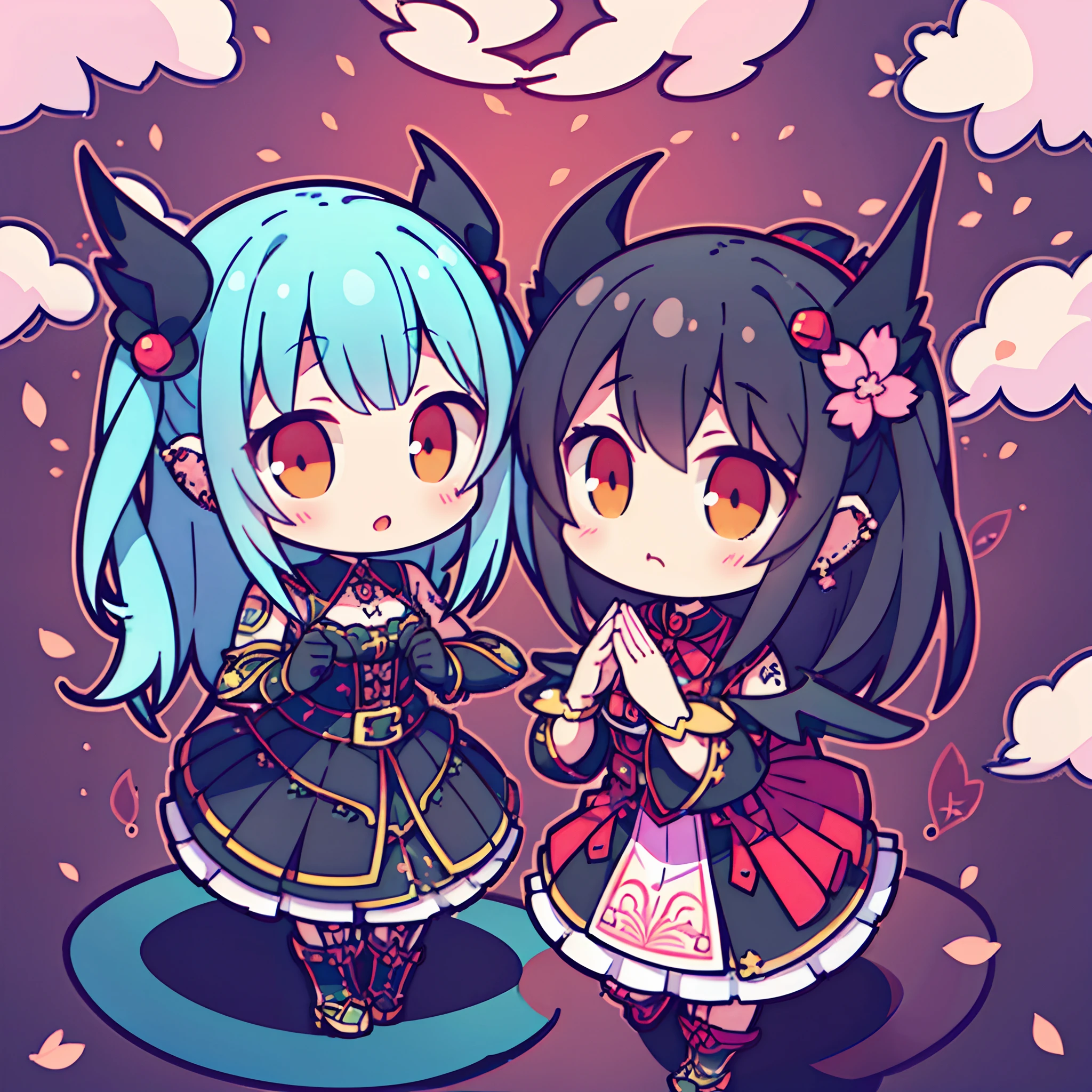 (2 girls) The cutest demon girls, wearing highly detailed battle armor, black angel wings, tattoos and piercings, finely detailed graffiti background, cherry blossoms blowing in the wind, perfect masterpiece, high quality, high resolution