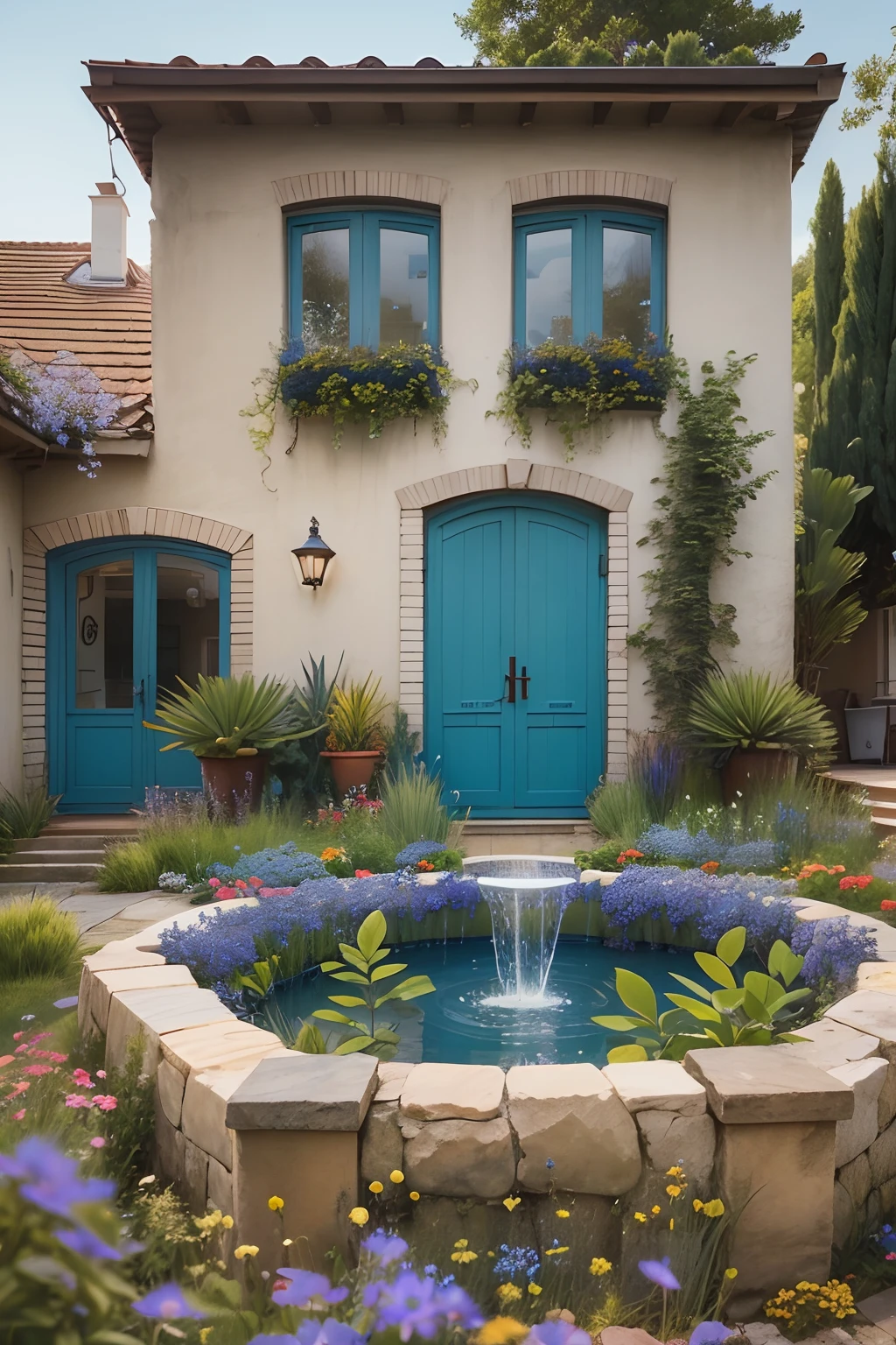 Single-storey house in the suburbs,Patio, The fountain, Around small blue flowers