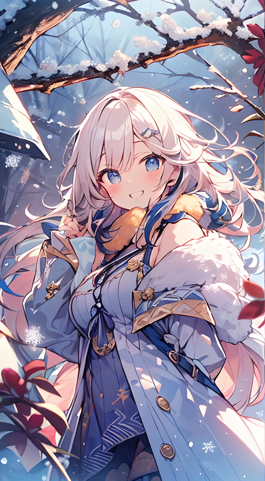 masutepiece, Best Quality,Illustration, Wallpaper, ultra -detail, Absurd beauty, 1beautiful girl、Bright hair color、Glitter and big eyes、Hair fluttering in the wind、ample breasts、♡、Smaller head、Winter scene、miscievous smile、Angle seen from a distance