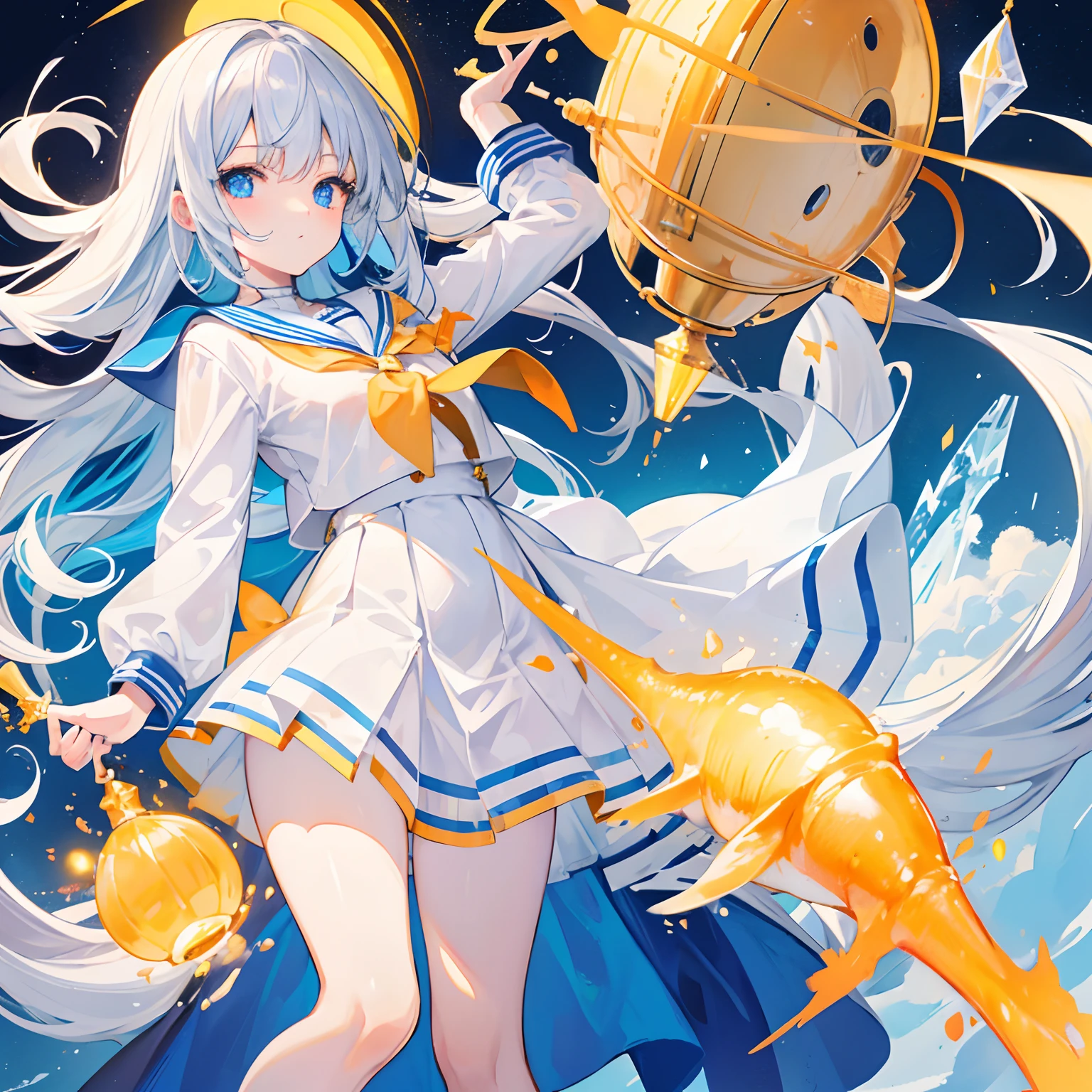 A light orange-yellow color with glowing hair and pupils,Blue and white school uniforms,With a silver crystal pendant,Sweet loli girl,The whole is shining