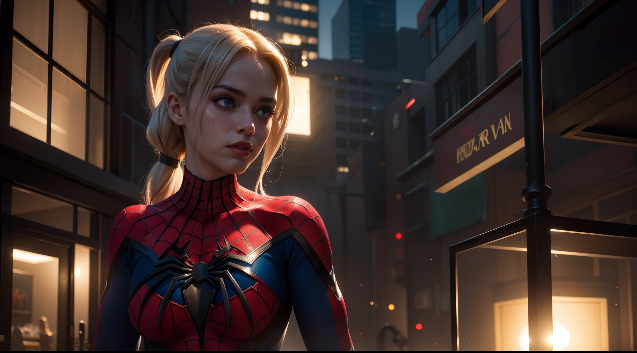 Stefania Ferrario as a Spider Gwen from Marvel Comics, Corpo Inteiro, corpo perfeito, parted lips, olhos azuis, cabelo loiro curto, asymmetrical side cut, sobrancelha com piercing, olhando para o espectador, (obra de arte), ((melhor qualidade)), cinematic luzing, ultra-realista, ((realista))
