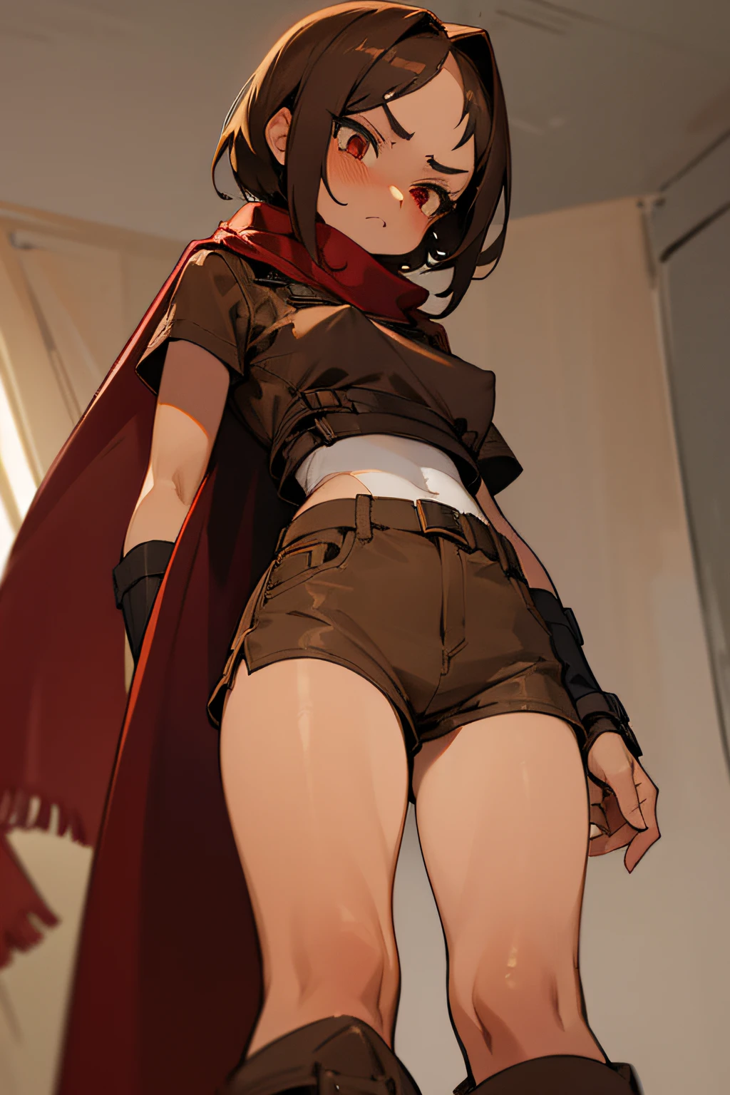 lyubava, 1girl, solo, long hair, green eyes, brown hair, braid, Head Cover,  <lora:lyubava-20:0.6>
ekibanki, red hair, blush, short hair, open mouth, :d, blue bow, red eyes, (cropped jacket:1.1), (black bodysuit:1.2), (red cape:1.1), (underboob:0.8), covered navel, (two-sided cape:1.2), zipper, (blue cape:0.7), [medium breasts:large breasts:.5], black gloves, long sleeves, standing, claw pose, yellow background, simple background