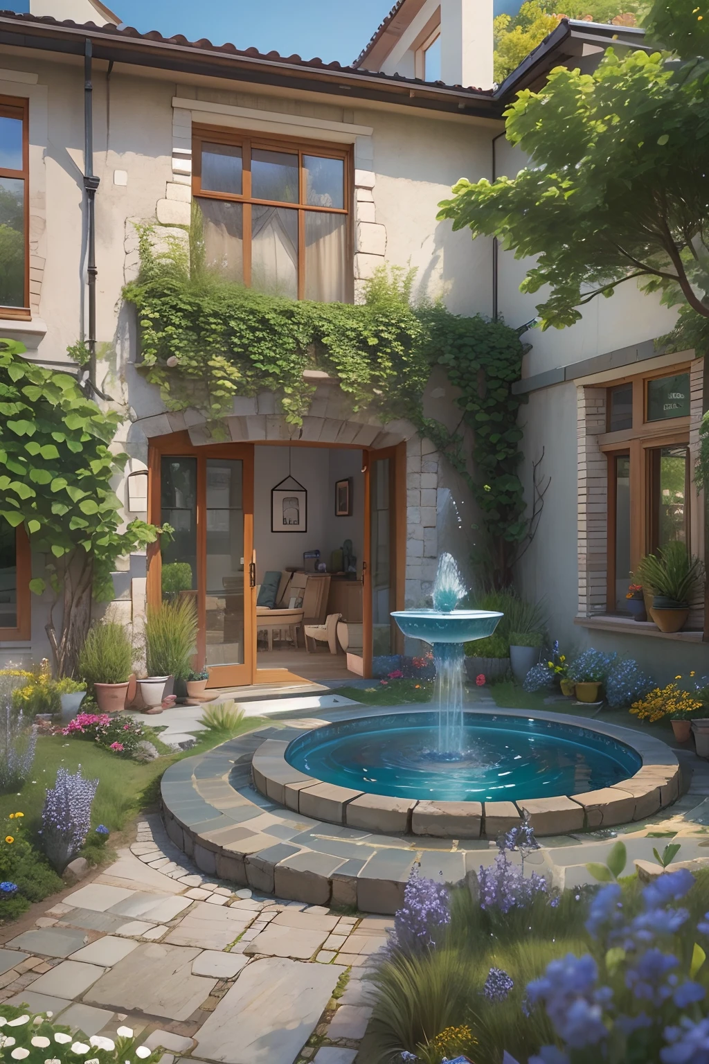 Single-storey house in the suburbs,Patio, The fountain, Around small blue flowers