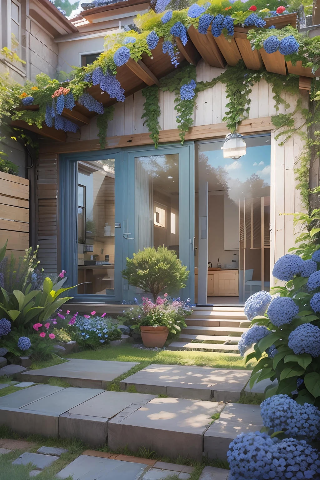 Single-storey house in the suburbs,Patio, The fountain, Around small blue flowers