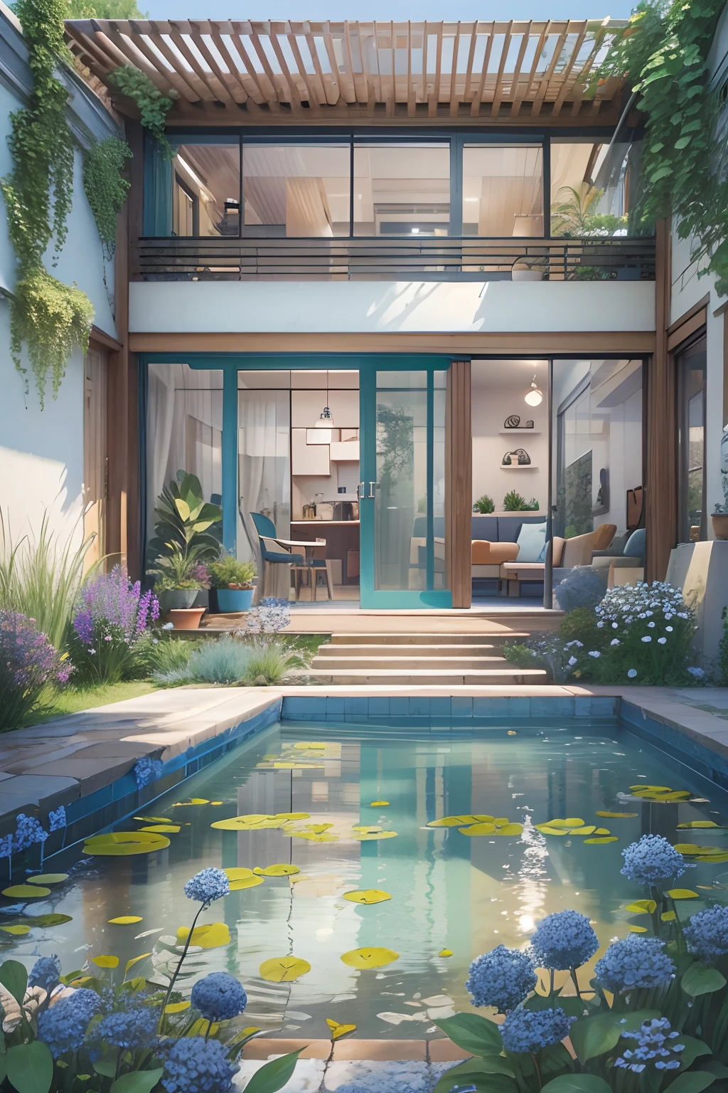 Single-storey house in the suburbs,Patio, The fountain, Around small blue flowers