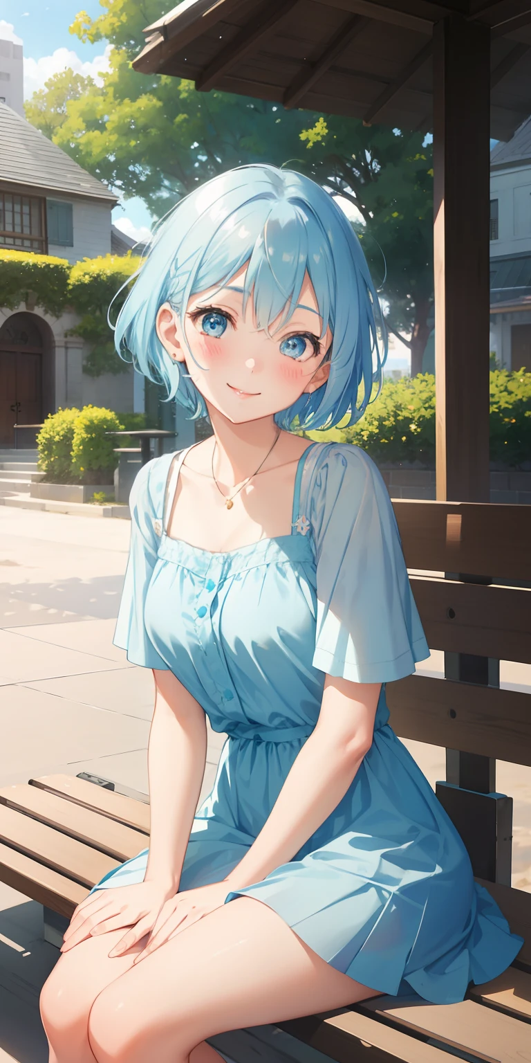 1 girl , short hair, light blue hair, dress, smiling, happy, blush, tilting head, looking at the camera, sitting, benches, park, glowing, sidelighting, wallpapers,