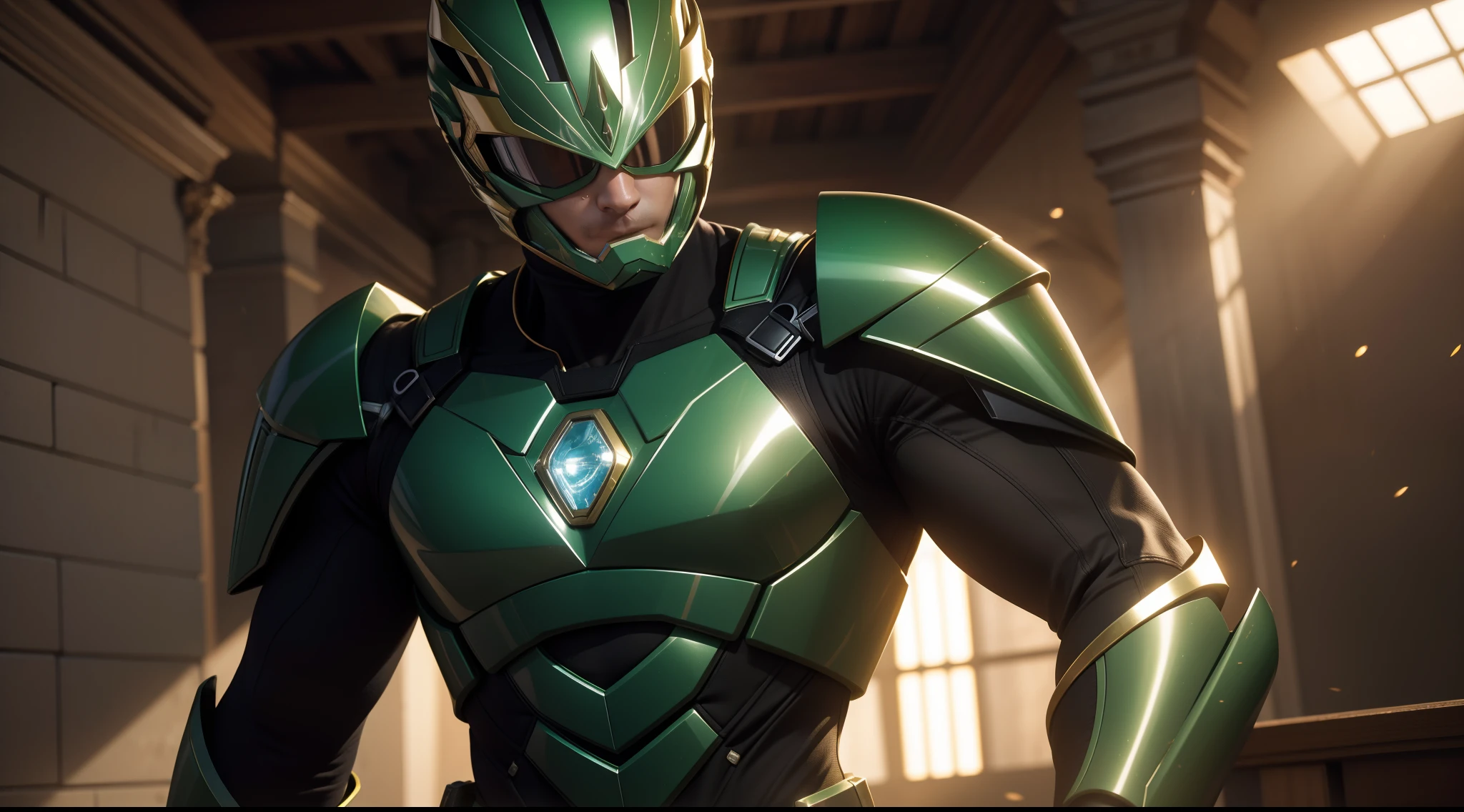 The Green Ranger from the Power Rangers, CGI with clear focus, Photorealistic, high detail, Realistic, Masterpiece, absurdress, Best Quality, HDR, hiquality, hight resolution, Extremely detailed, 8k wallpaper, intricate details, 8K UHD, Full-HD, (foto realista:1.2), Contrast, sharp lighting, Cinematic lighting, natural lighting, hard light, Backlighting, Global Illumination, Environment Occlusion