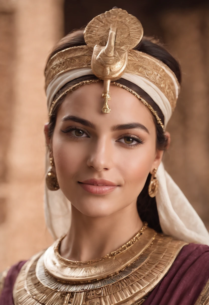 Beautiful ancient female egyption posing to camera, happily proud brave face expression, egyption face, middle eastern, intricate accessories details with ancient egyption inscriptions, fashion full shot, no crop