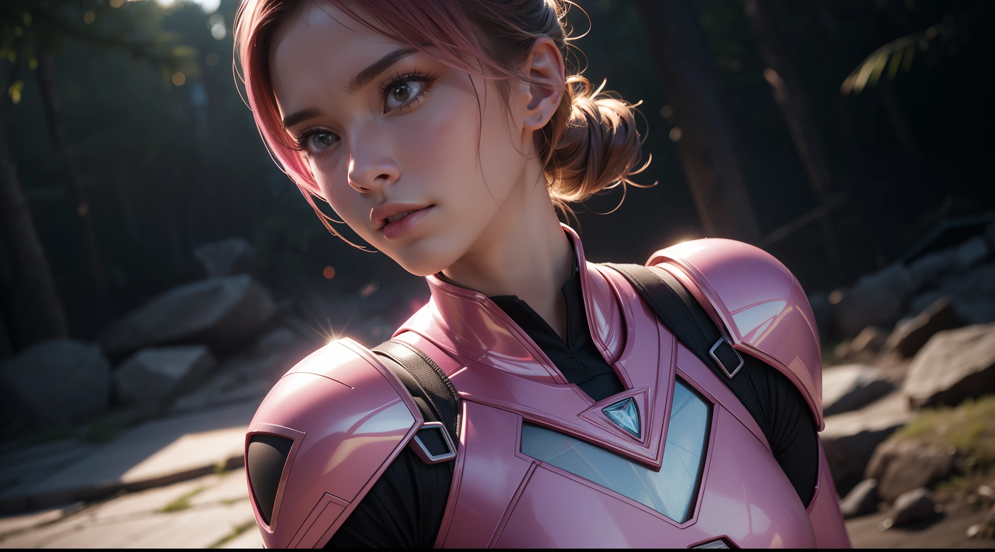 The Pink Ranger from Power Rangers, CGI with clear focus, Photorealistic, high detail, Realistic, Masterpiece, absurdress, Best Quality, HDR, hiquality, hight resolution, Extremely detailed, 8k wallpaper, intricate details, 8K UHD, Full-HD, (foto realista:1.2), Contrast, sharp lighting, Cinematic lighting, natural lighting, hard light, Backlighting, Global Illumination, Environment Occlusion