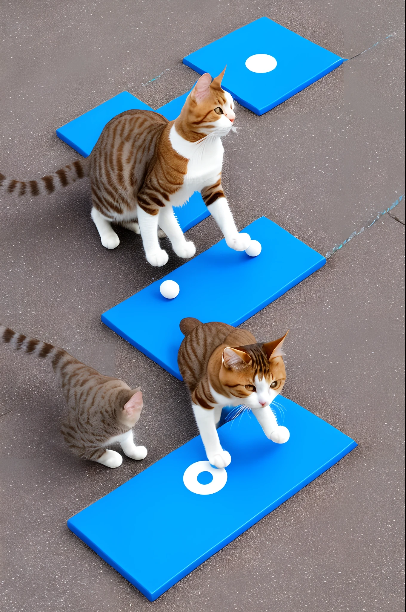 Create an image of a cat jumping hopscotch with a blue cap