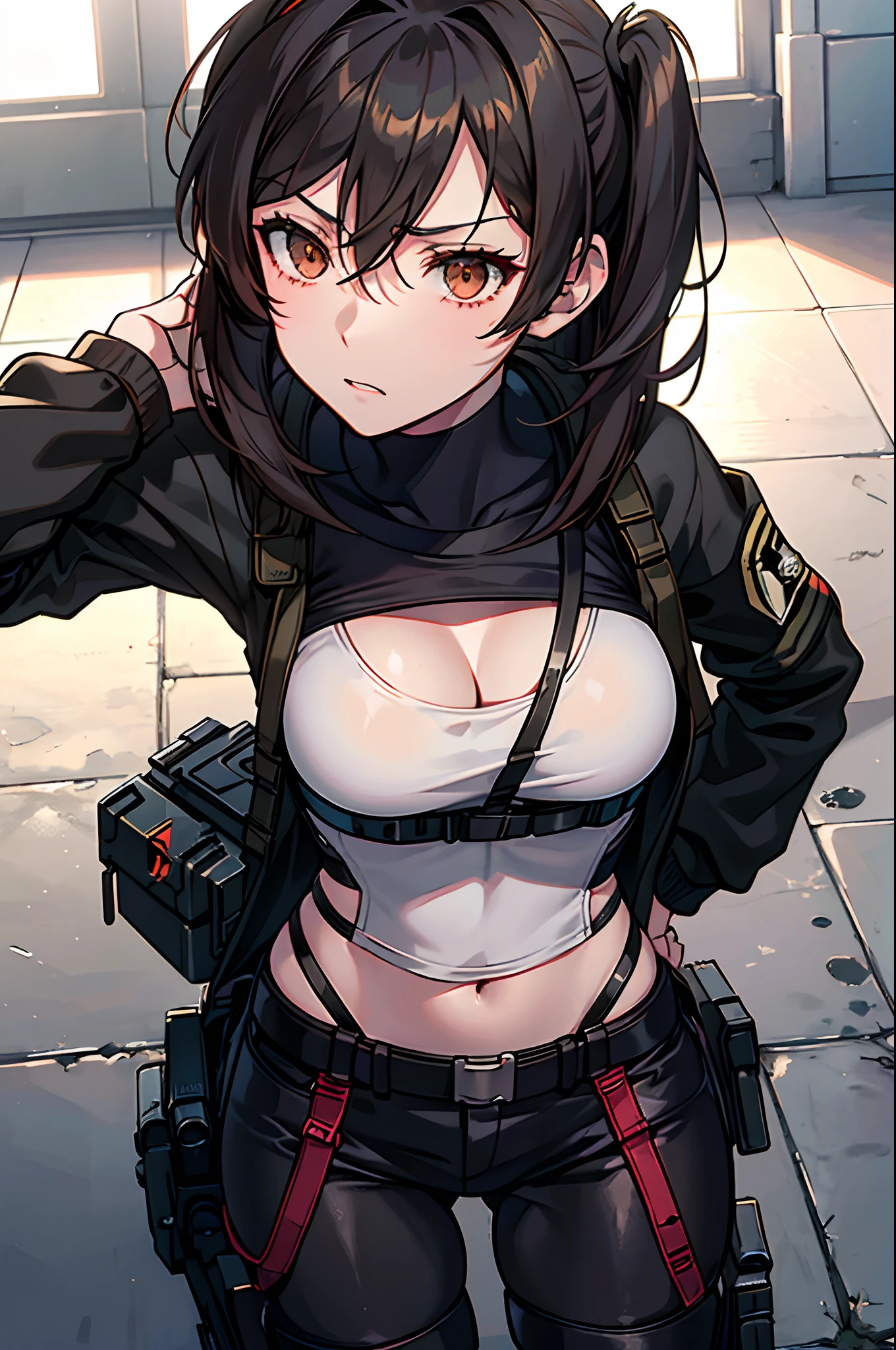 a close up of a woman with a gun in her hand, revy black lagoon, revy from black lagoon, fine details. girls frontline, quiet from metal gear solid, from girls frontline, m4 sopmod ii girls frontline, quiet from metal gear solid v, tifa, kusanagi, soldier girl, tifa lockheart, female action anime girl