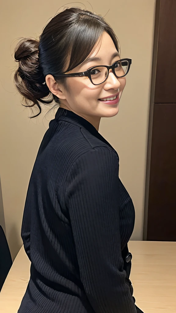 (Best quality, 8k, 32k, Masterpiece, UHD:1.2), from behind, 1 walking girl, beautiy Japanese office lady, glasses, (smile:0.5), (looking at the the viewer), a bit chubby, black suit, black mini skirt, office room, desk, (small breasts, buttocks:1.2), detailed beautiful face, wavy pony-tail hair, from below,