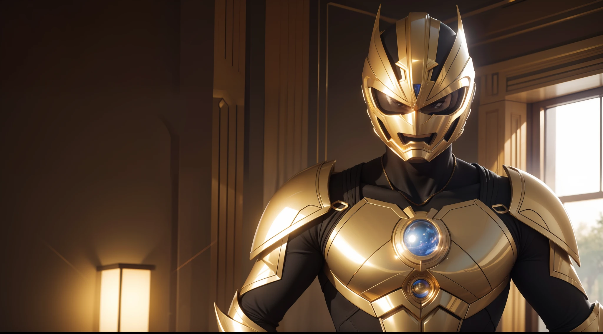 The Golden Zeo Ranger of the Power Rangers, CGI with clear focus, Photorealistic, high detail, Realistic, Masterpiece, absurdress, Best Quality, HDR, hiquality, hight resolution, Extremely detailed, 8k wallpaper, intricate details, 8K UHD, Full-HD, (foto realista:1.2), Contrast, sharp lighting, Cinematic lighting, natural lighting, hard light, Backlighting, Global Illumination, Environment Occlusion