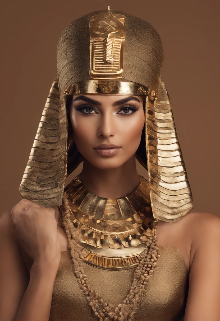 Beautiful ancient female egyption posing to camera, happily proud brave face expression, egyption face, middle eastern, intricate accessories details with ancient egyption inscriptions, fashion full shot, no crop