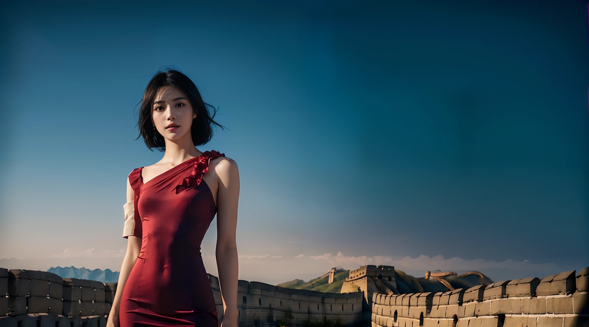 (Short black hair straight shoulder straight:1.5), （极其细致的CG 8k壁纸），（Extremely refined and beautiful），（Masterpiece），（best qualtiy：1.0），（超高分辨率:2.0），beautiful light up，Perfect lightning，realistic shaded，[A high resolution]，Smooth and flawless fair skin，Extremely delicate facial details，（Perfect body：1.1），ultra - detailed,(1 beautiful girl:1.5),(Solo:1.5),Small head,(flatchest:1.3)，Slim，Thin，Smile，cheerfulness，(Gorgeous red evening dress long dress:1.5),Slender legs,shoulder off,bare shoulders​,Upper body,Close-up Shot Shot,Cowboy shot,(Portrait above the chest:1.2),(photo booth:1.2),(Bright sunshine:1.2),(standing:1.5),(Daytime scene:1.5), (On the Great Wall:1.5),(Blue sky:1.3),(Green mountains:1.2),(Sunny day:1.3)