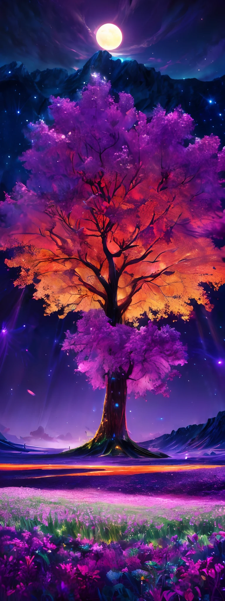 Vast landscape photos , (a view from below that shows sky above and open field below), Cat standing in a flower field in the foreground and looking up at the sky, (fullmoon:1.2), ( shooting stars:0.9), (nebulas:1.3), distant mountain, Tree Break Production Art, (Warm light source:1.2), (firefly:1.2), apples, lot of purple and orange, Intricate details, Volumetric Lighting BREAK (masutepiece:1.2), (Best Quality), 4K, Ultra-detailed, (dynamic compositions:1.4), Highly detailed, Colorful Detail,( Iridescent colors:1.2), (Glowing lighting, Atmospheric lighting), Dreamy, Magical, (Solo:1.2