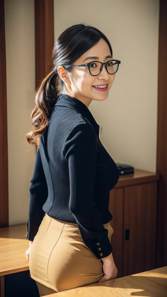 (Best quality, 8k, 32k, Masterpiece, UHD:1.2), from behind, 1 walking girl, beautiy Japanese office lady, glasses, (smile:0.5), (looking at the the viewer), a bit chubby, black suit, black mini skirt, office room, desk, (small breasts, buttocks:1.2), detailed beautiful face, wavy pony-tail hair, from below,