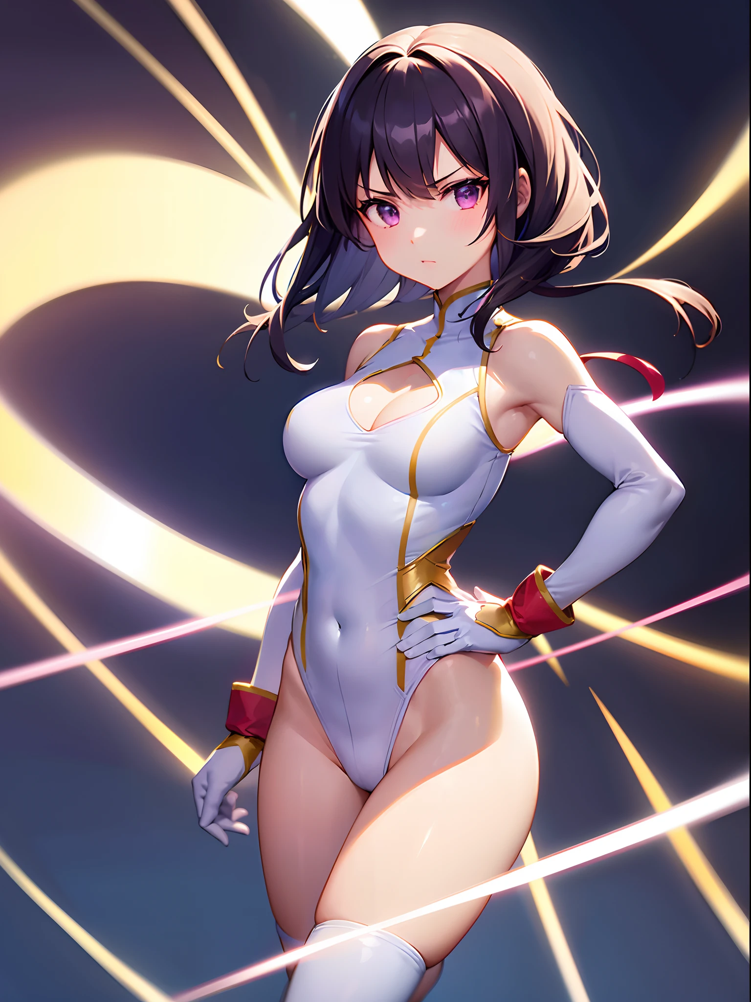 1girl, solo, bob hair, brown hair, purple eyes, (full body), standing, hires, fine details, hands on hip, (sleeveless blue, white and red leotard with yellow accents and star emblem embedded in chest area), matching white gloves, bare legs, superhero, tokyo city backdrop, matching boots, medium breasts, 20 age, belt, (perfect hands, perfect ???????), perfect leotard, serious