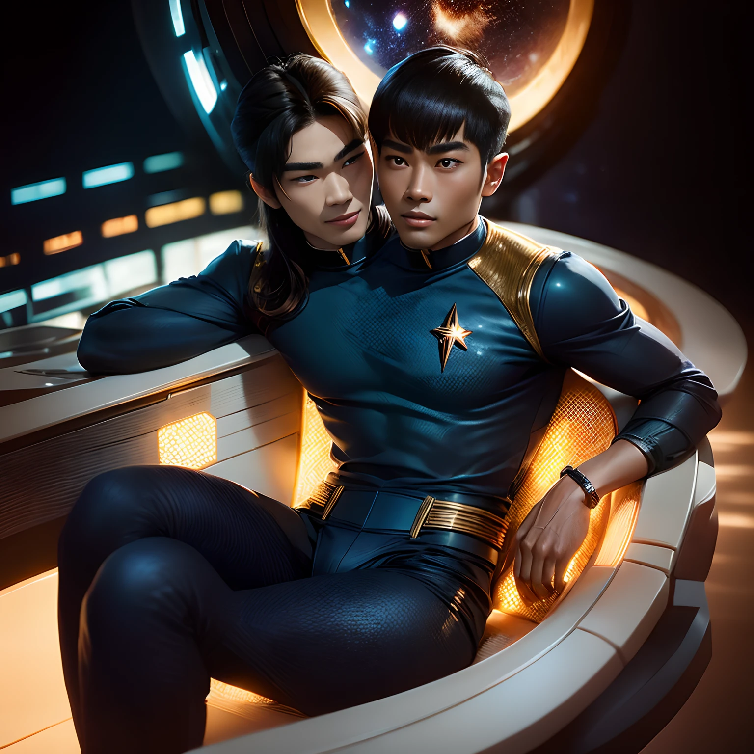 2heads:1.5, asian man, mexican man 18 years old, black straight hair, wide hips,wide shoulders, thin waist, (big bulge:1.5),brown hair,very thick rimmes,smiling skinny, wearing a star trek suit,, delicate body hair visible, sitting at a star trek set, very detailed and realistic skin with some body hair on arms, some minor blemishes on face, acne,pov, looking away into the distance