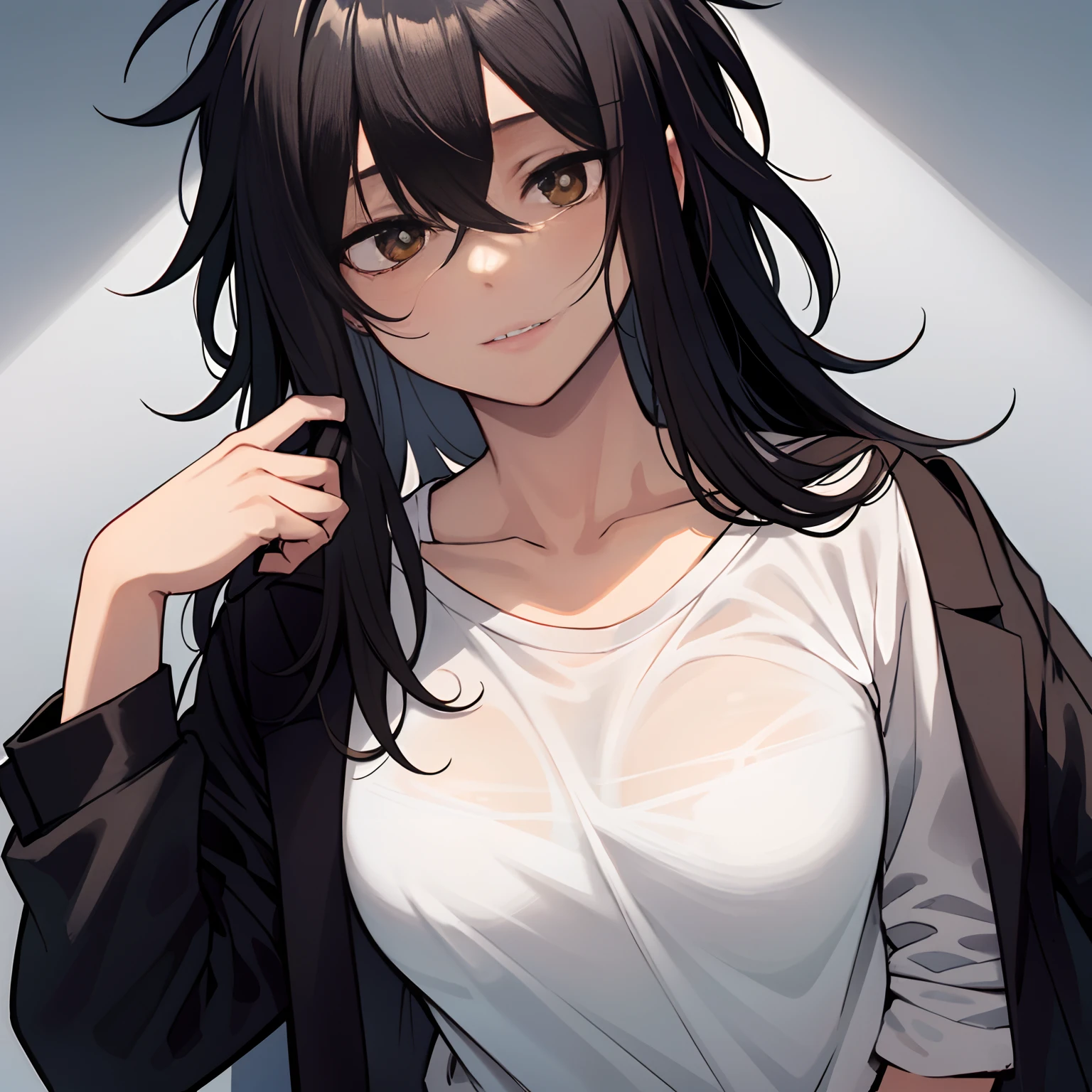 menino, jovem, large, slightly messy hair, olhos negros, vestindo um capuz preto e uma camisa branca