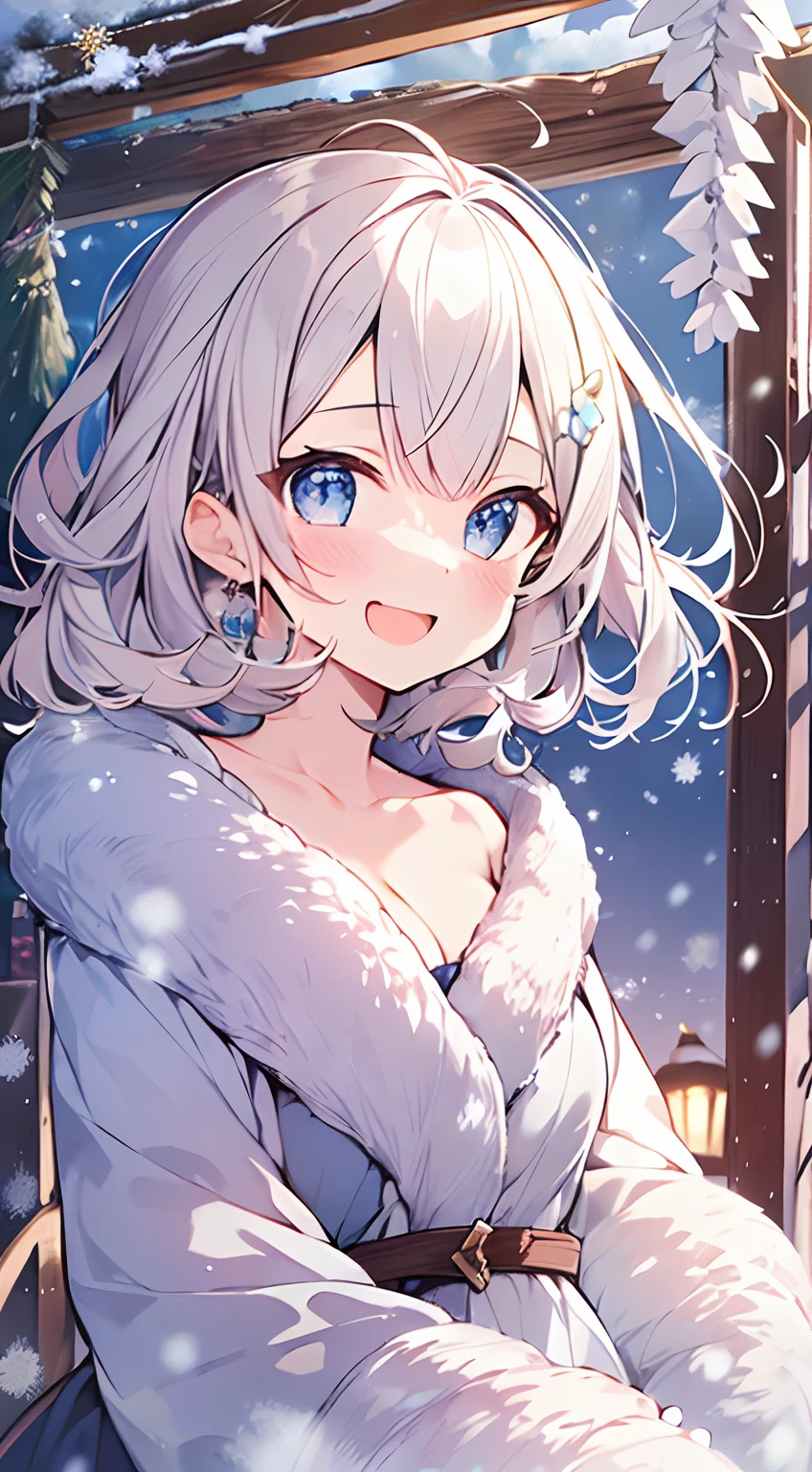 masutepiece, Best Quality,Illustration, Wallpaper, ultra -detail, Absurd beauty, 1beautiful girl、Bright hair color、Glitter and big eyes、Hair fluttering in the wind、ample breasts、♡、Smaller head、Winter scene、miscievous smile、bustup