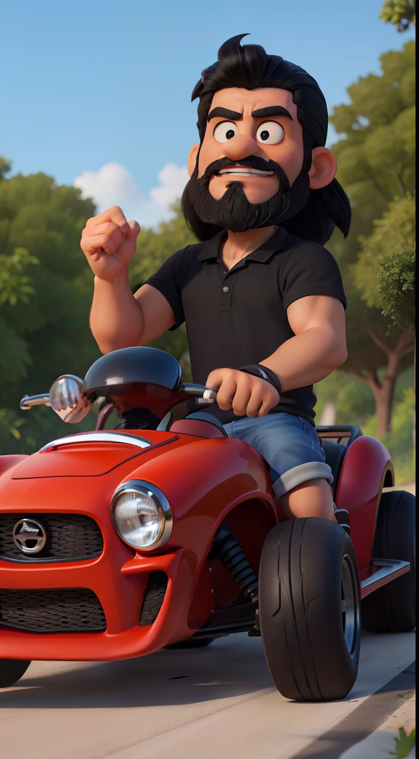 1chico cabello negro y meadiano ondulado, cabello largo y oscuro con barba y ojos claros con ropa deportiva tipo de carreas arriba de un automovil estilo cartoon color negro con toques rojos y de fondo en una autopista estilo cartoon muy similar a CTR de crash team racing, con un toque muy disney, autos de carreras, arriba de un auto, fondo en un bosque con carretera, auto color negro con dorado