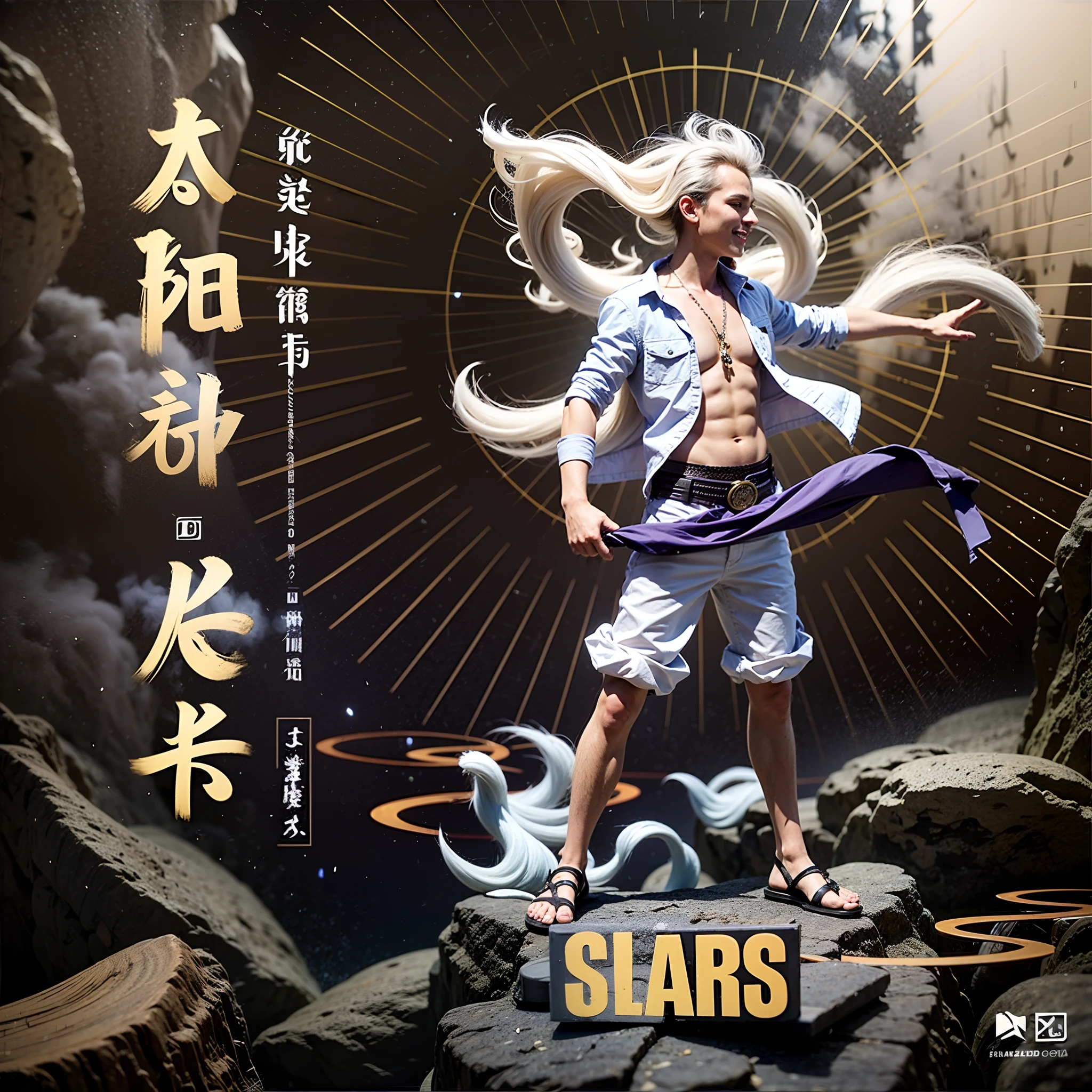 male character, white hair, huge smile, open white shirt, scar on the chest, white pants, purple waist belt, flip-flops, smoke-shaped clouds around the body