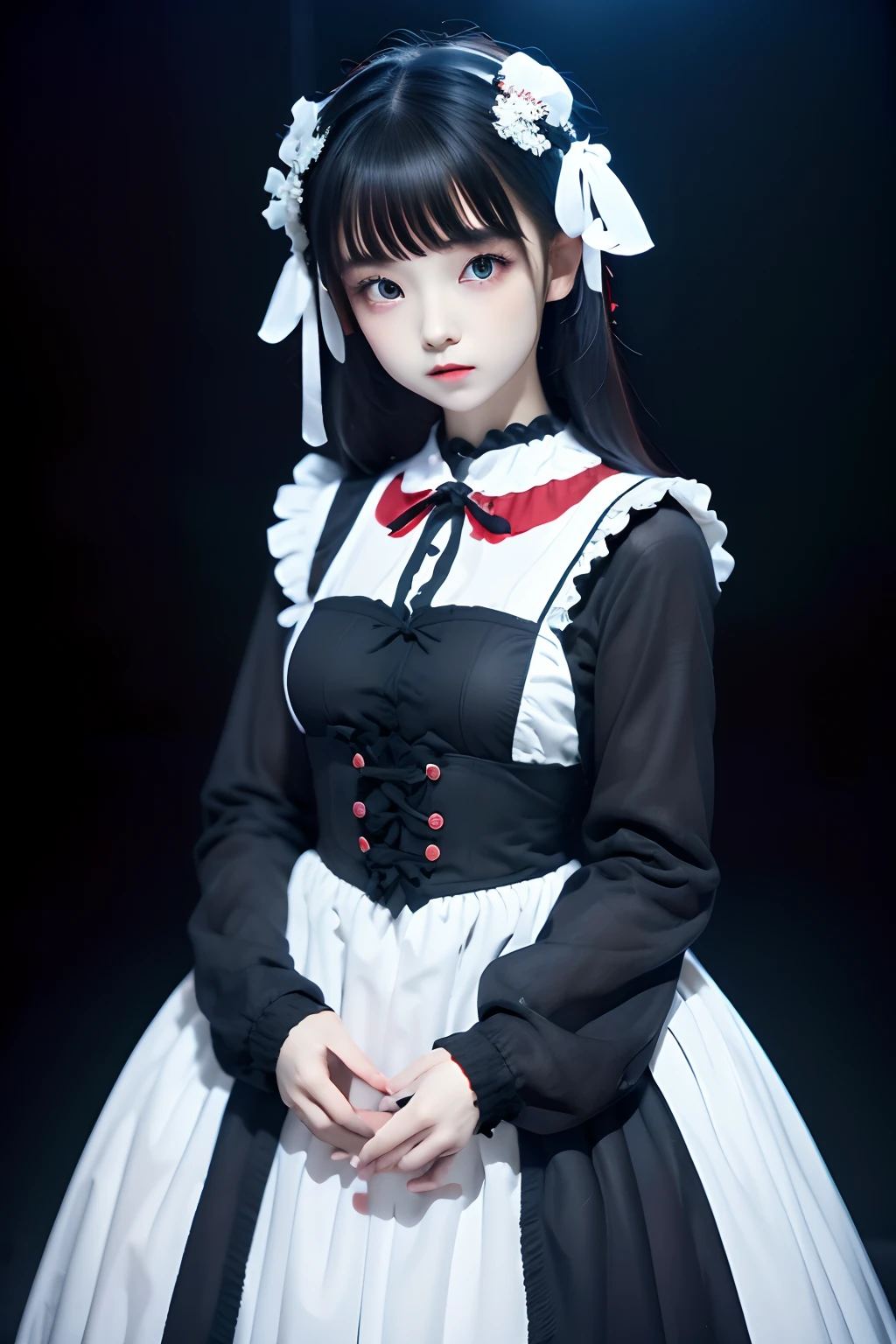 top-quality、​masterpiece、1 girl in、20yr old、kawaii faces、Extraordinary beauty、postapocalypse_Fashion、Black background、Black background、Full Body Angle、White and black gothic Lolita fashion、Gothic Lolita Fashion、Cute poses、Standing、black backgrounds、white  hair:1.5、Red Eyes、red-lips、white  clothes、Black and white world、Black and white world、light skinned、