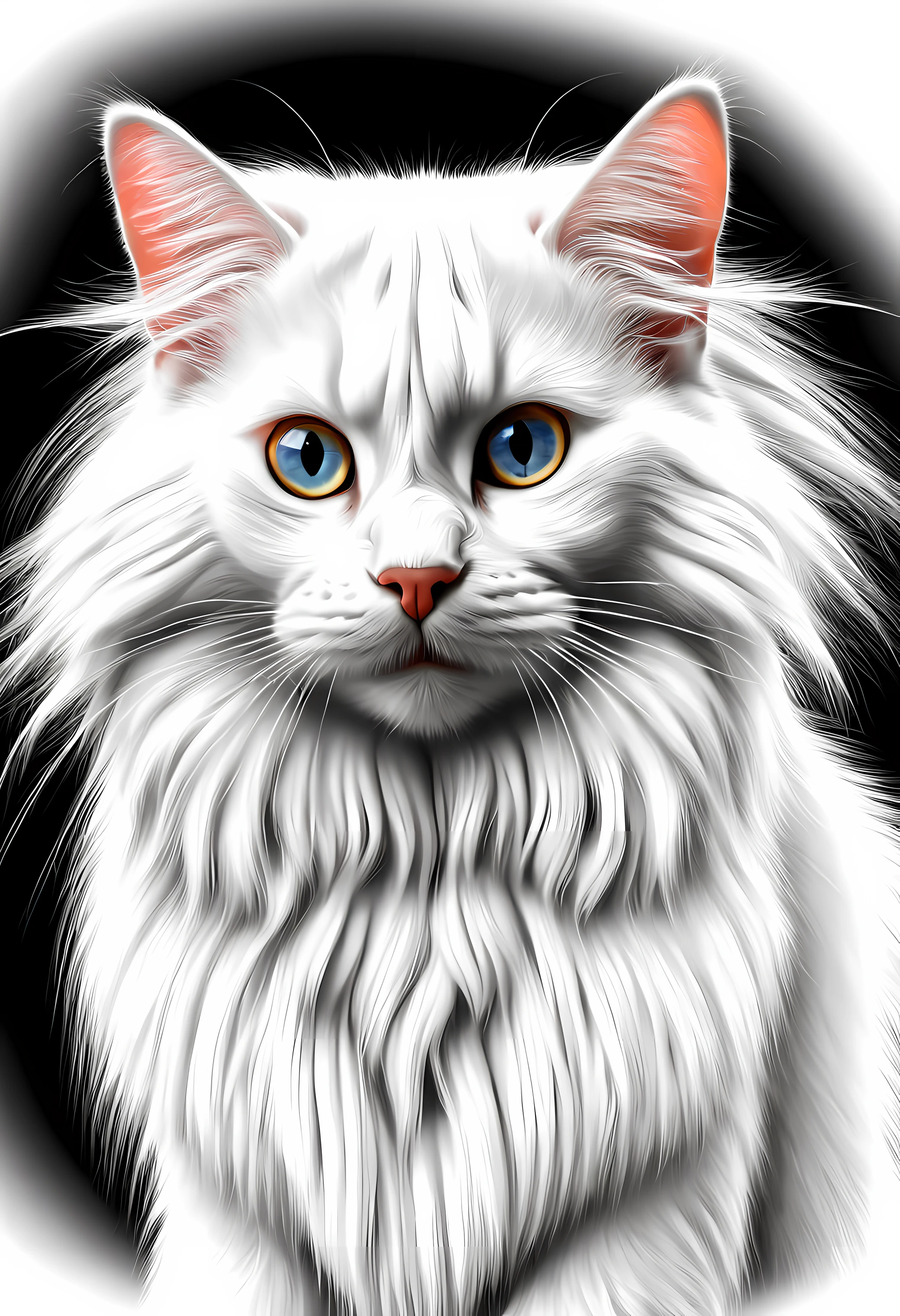 a cat of the white Angora breed, pintura estilo 3D aquarela, Gato Angora peludo branco, usando uma touca fofinha, imagem completa, High resolution high contrast (fotorrealista:1.5), fundo branco, estilo adesivo, (Foto RAW, 8k UHD,