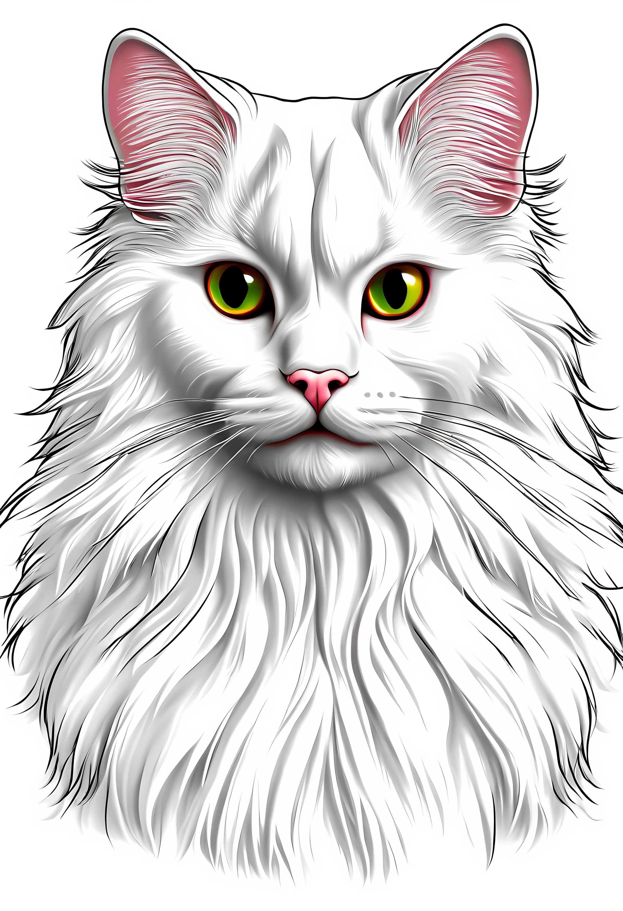 a cat of the white Angora breed, pintura estilo 3D aquarela, Gato Angora peludo branco, usando uma touca fofinha, imagem completa, High resolution high contrast (fotorrealista:1.5), fundo branco, estilo adesivo, (Foto RAW, 8k UHD,