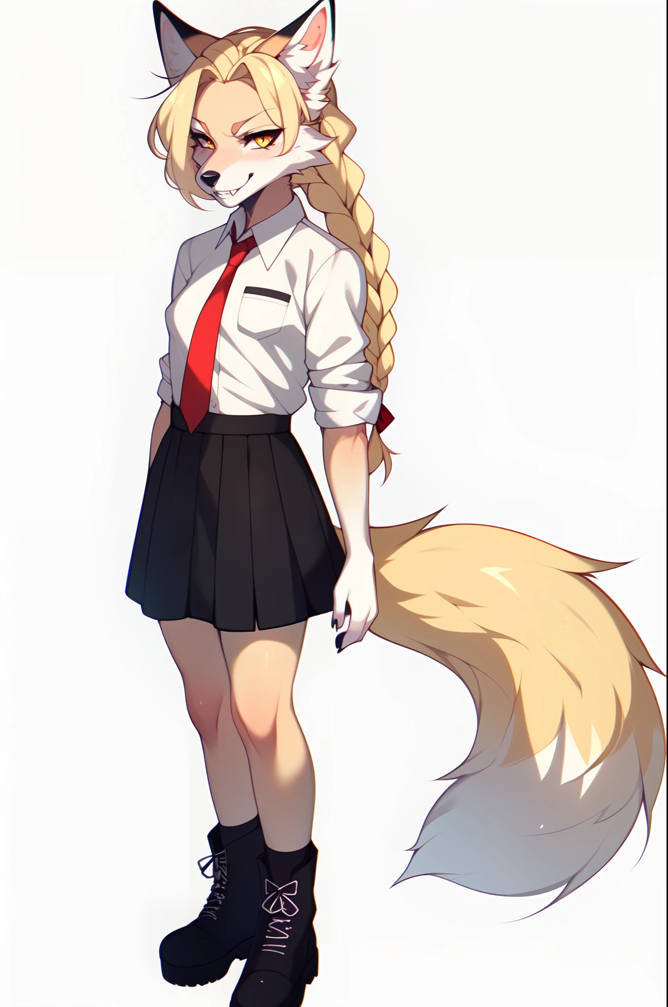 (By hyattlen, by fumiko, by claweddrip):1.2, solo:1.3, a furry tan anthro fox girl, fluffy tan fox ears, furry tan body, black nose, yellow eyes, cute snout, blonde fox tail, long blonde braided hair, two braids, grinning, devious, large sharp canine teeth, angry eyes, detailed eyes, small breasts, wearing white button up shirt, red tie, black skirt, combat boots, standing, no background, white background, nice hands, good anatomy, masterpiece