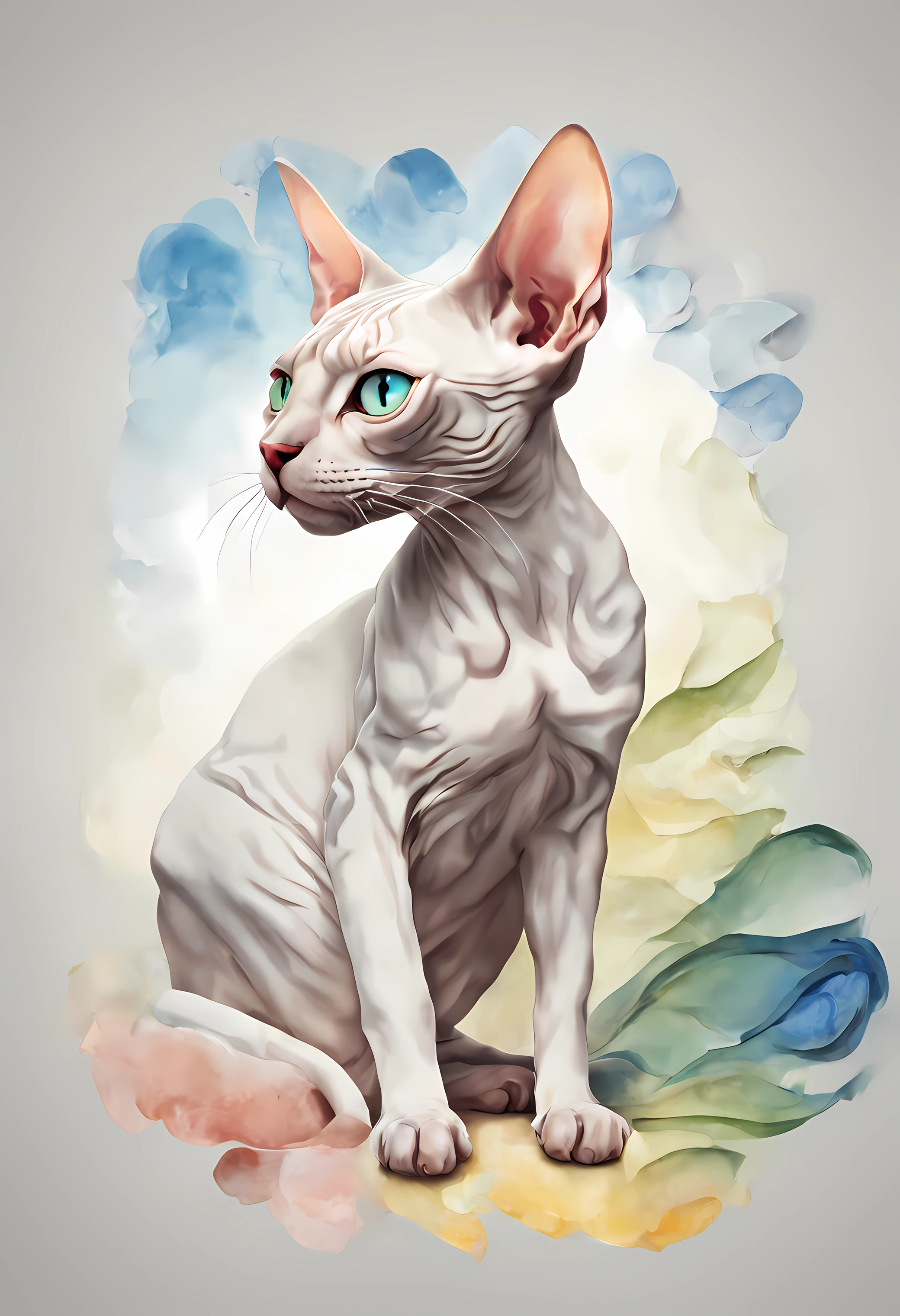 a cat of the white Sphynx breed, pintura estilo 3D aquarela, Gato Sphynx, imagem completa, High resolution high contrast (fotorrealista:1.5), (Foto RAW, 8k UHD,