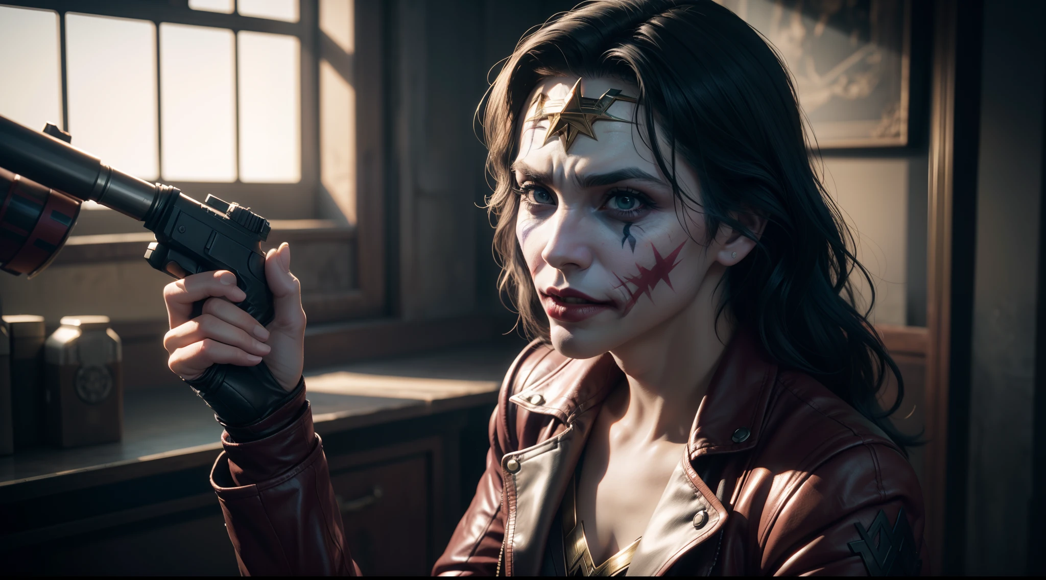 wonder woman (Joker-style costume mix) от DC Comics, CGI with clear focus, Photorealistic, high detail, Realistic, Masterpiece, absurdress, Best Quality, HDR, hiquality, hight resolution, Extremely detailed, 8k wallpaper, intricate details, 8K UHD, Full-HD, (foto realista:1.2), Contrast, sharp lighting, Cinematic lighting, natural lighting, hard light, Backlighting, Global Illumination, Environment Occlusion