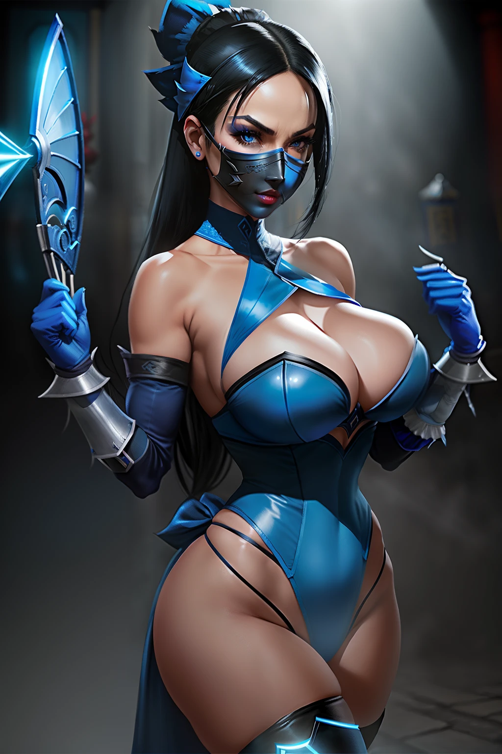 ((kitana from mortal kombat series))(she has big glowing blue eyes)(red lips) (long straight black hair)((very huge breasts)) (perfect slim body) (she wears blue outfit and mask, long blue gloves long blue stockings) (hold on hand 2 metal fan) (she is inside a dark and goomy temple) (high definition, volumetric lights and dinamic shadows)((masterpiece))(8k)(perfect face)(ultra details) (perfect hands, eyes, and face)