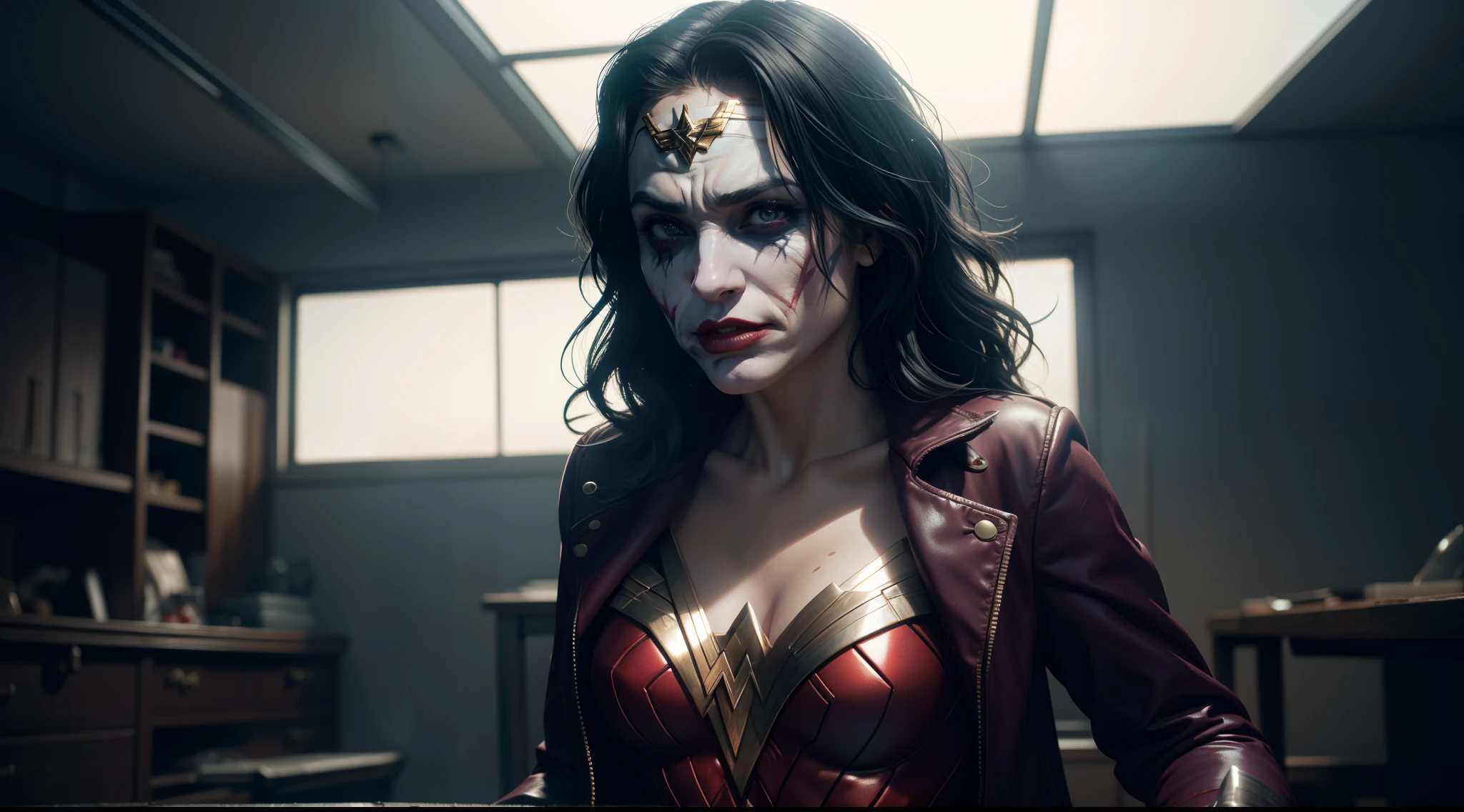 Extreme close-up Wonder Woman zombie Silver metal diaema totally disfigured face Long silver metal bracelets Red boots Zombie eyes (((rotten face))),(((The Walking dead))),(((Eating brains))),(((Zombie eyes)))