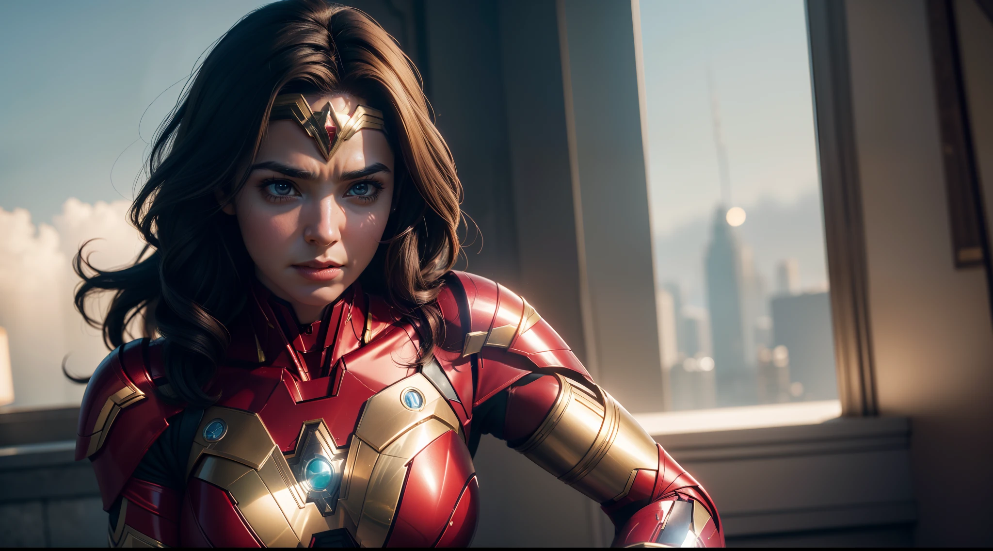 wonder woman (tetas grandes, Mix of costumes in the style of Iron Man) от DC Comics, CGI with clear focus, Photorealistic, high detail, Realistic, Masterpiece, absurdress, Best Quality, HDR, hiquality, hight resolution, Extremely detailed, 8k wallpaper, intricate details, 8K UHD, Full-HD, (foto realista:1.2), Contrast, sharp lighting, Cinematic lighting, natural lighting, hard light, Backlighting, Global Illumination, Environment Occlusion