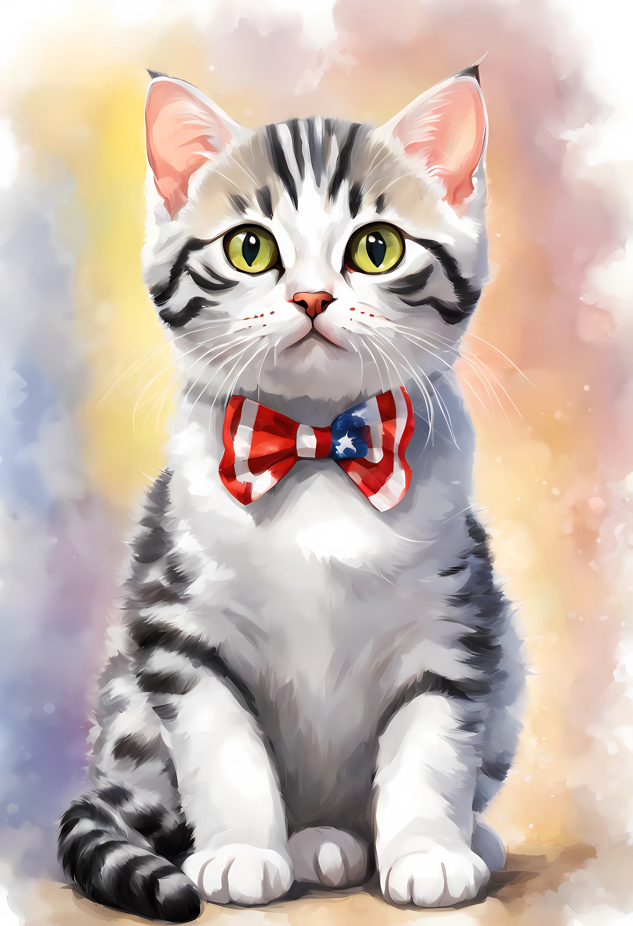 a cat of the American Shorthair breed, pintura estilo 3D aquarela, gato Cabelo Curto Americano, imagem completa, High resolution high contrast (fotorrealista:1.5), fundo branco, estilo adesivo, (Foto RAW, 8k UHD,