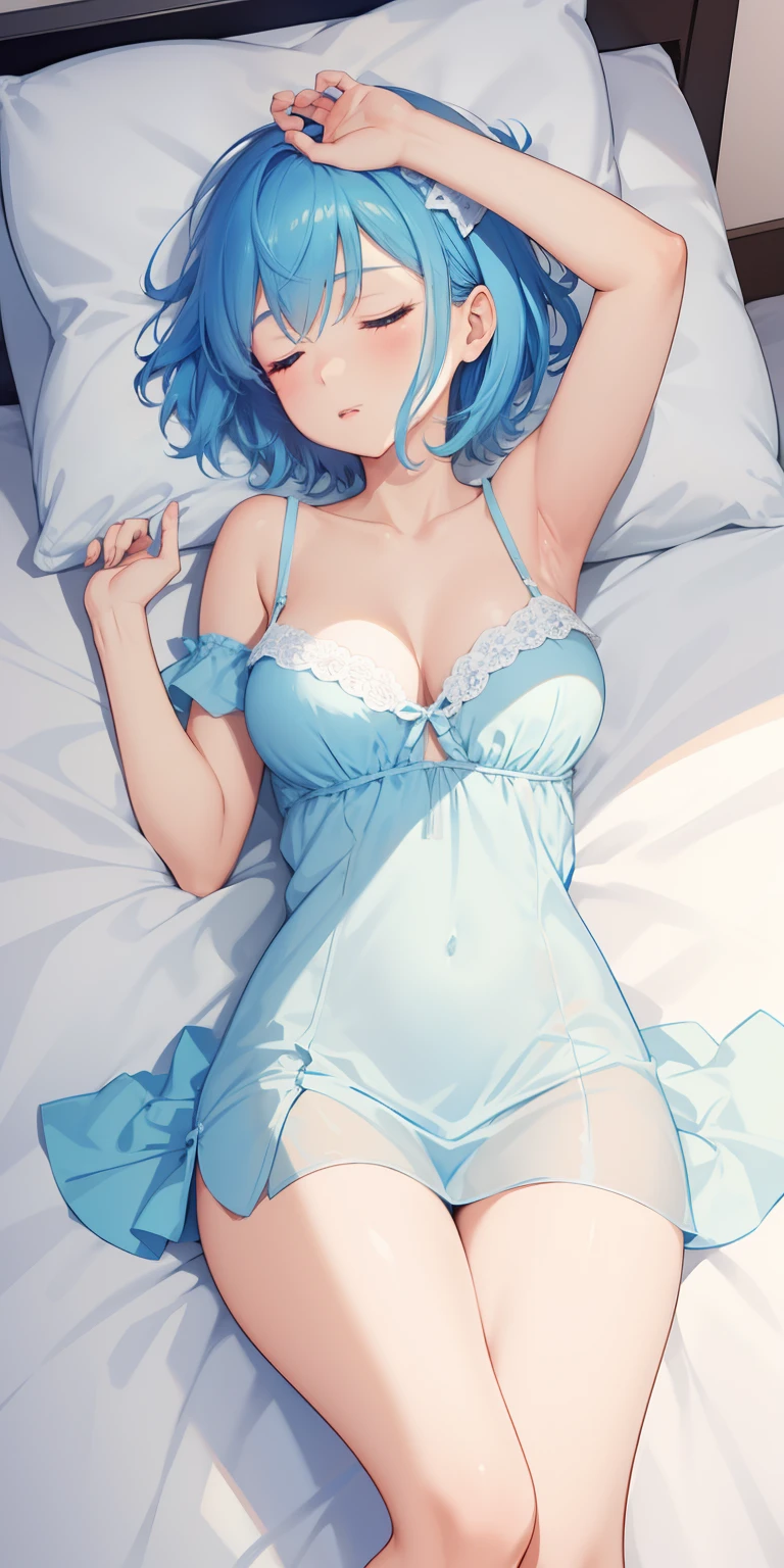 1 girl , short hair, light blue hair, sleeping dress, tits, thighs, sleeping, lying on a bed, glowing, sidelighting, wallpapers,