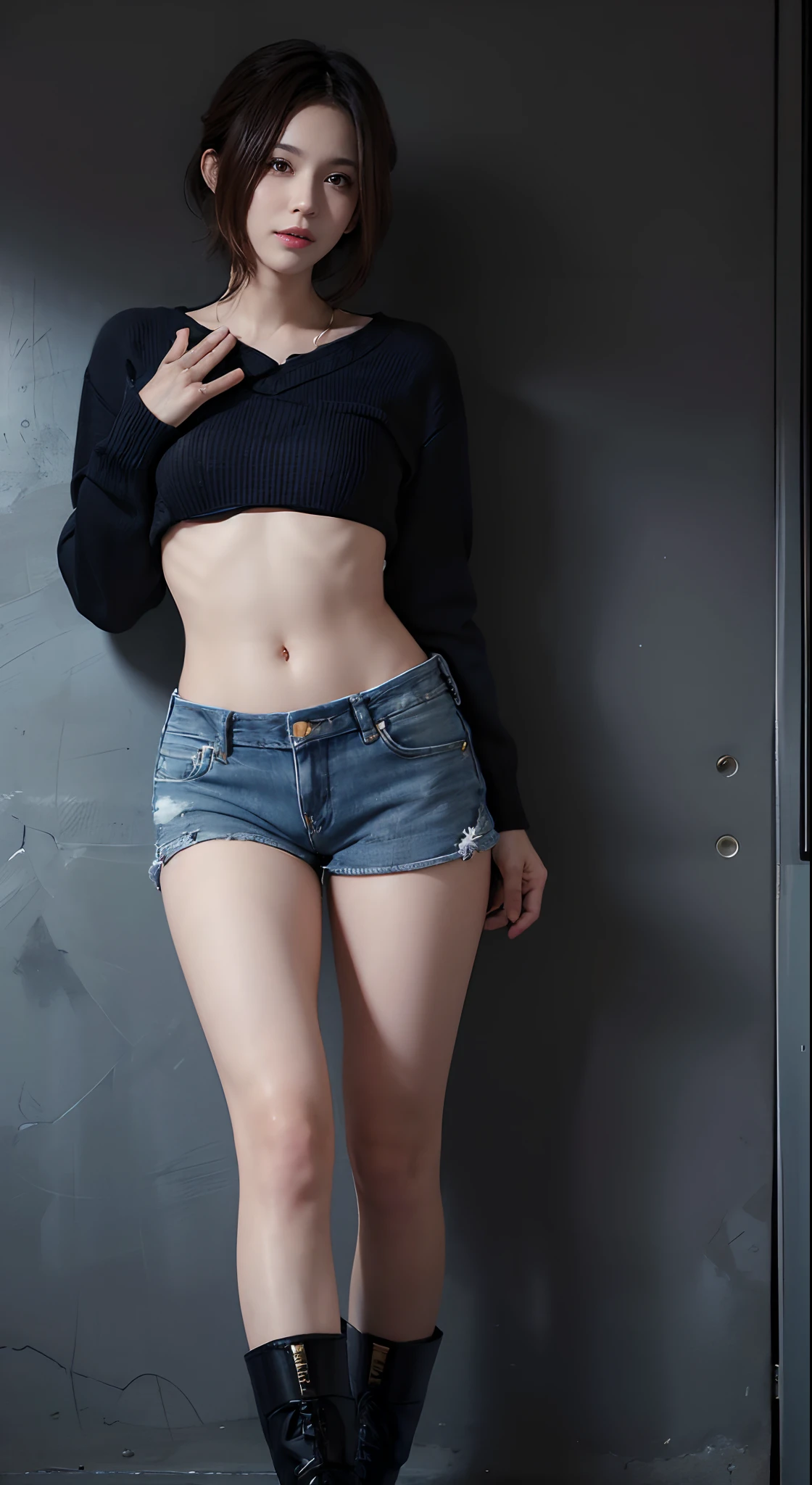 arafed asian girl in a black top and denim shorts, 2  female model, photo of slim girl model, photo of slim girl, bra and shorts streetwear, thin waist, full extremely slim body, half body cropping, full body picture, wearing a sexy cropped top, anorexic figure, thin body, thin-waist,, (full body:1.8), (upper body up:0.3), (hyper realistic:1.4), (realistic:1.3), (best quality real texture skin), Detailed eyes, detailed face, PERSEPHONE, (NSFW:1.5) Hyperrealistic, LESS saggy breasts, (SMALL BREASTS:1.5), (HUGE LEGS:1.5), (LESS THIGHS:1.5), pernas perfeitas, pernas perfeitas, pernas lisas, pernas lisas e perfeitas, pernas torneadas, coxas torneadas, pernas lisas, coxas lisas. (pose erótica:1.5), (sobrancelhas espessas:1.2), (Grandes olhos roxos:1.2), (olhos ultra detalhados:1.4), (Olhos de alta resolução:1.1), (textura de pele ultra detalhada:1.4), (Belo corpo tonificado:1.1), arco de cabelo, (Pele úmida:1.1), (rosto sensual:1.5), (tan, child, toddlers, girl, teen, sd character:1.5), (SD CHARACTER:1.5), (SD, CHARACTER:3.0), LITTLE PERSON, SMALL PERSON, MIDGET, (tan , child, , toddlers, chibi, sd character:1.1)