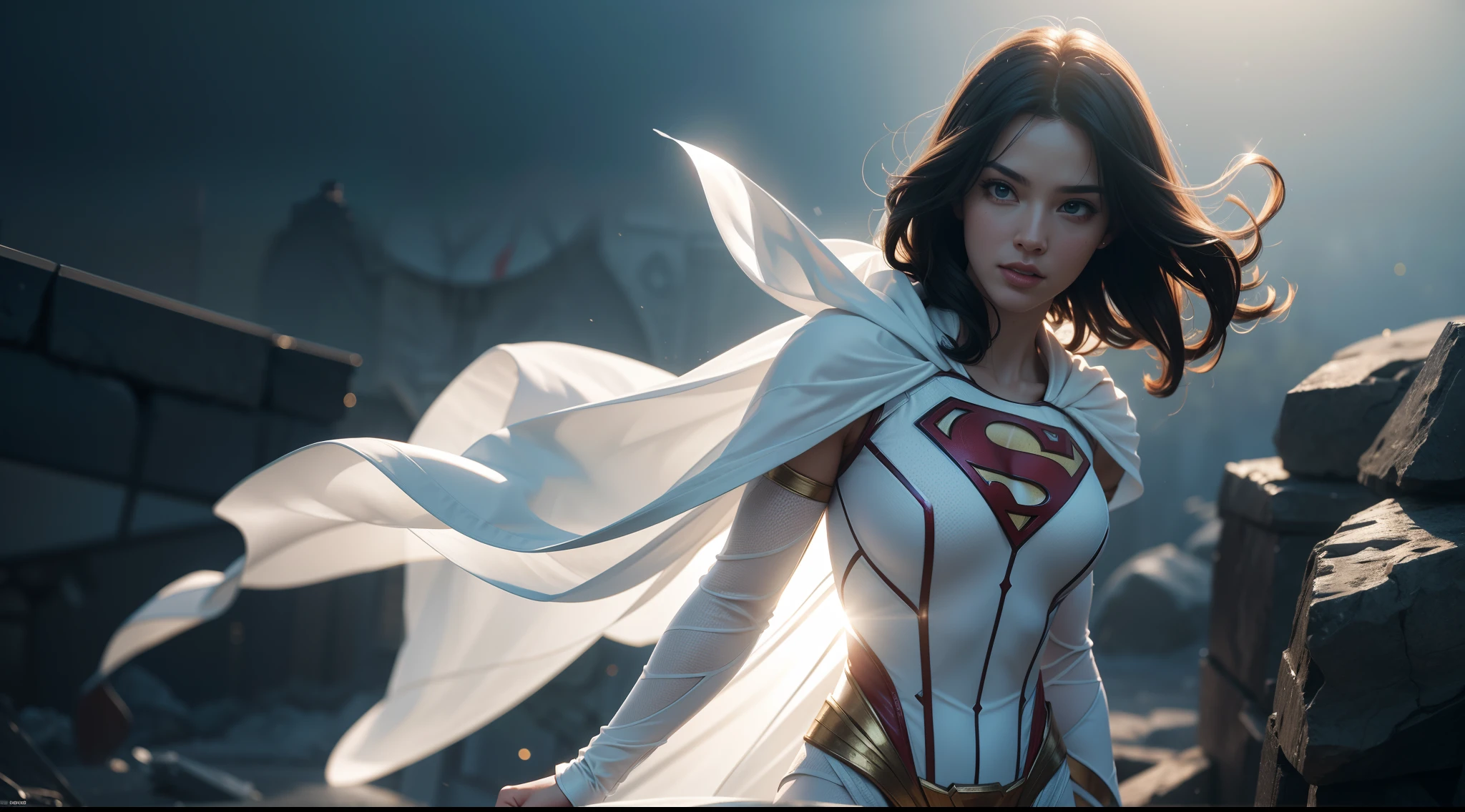 Superman (The woman, White costume) от DC Comics, CGI with clear focus, Photorealistic, high detail, Realistic, Masterpiece, absurdress, Best Quality, HDR, hiquality, hight resolution, Extremely detailed, 8k wallpaper, intricate details, 8K UHD, Full-HD, (foto realista:1.2), Contrast, sharp lighting, Cinematic lighting, natural lighting, hard light, Backlighting, Global Illumination, Environment Occlusion