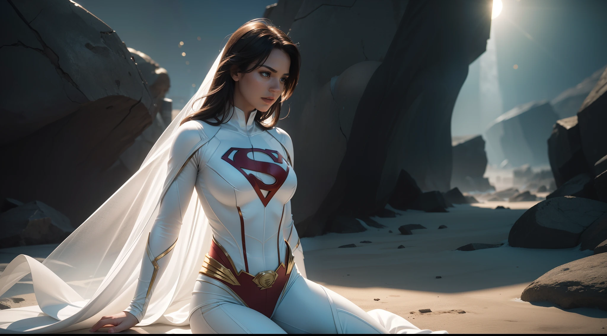 Superman (The woman, White costume) от DC Comics, CGI with clear focus, Photorealistic, high detail, Realistic, Masterpiece, absurdress, Best Quality, HDR, hiquality, hight resolution, Extremely detailed, 8k wallpaper, intricate details, 8K UHD, Full-HD, (foto realista:1.2), Contrast, sharp lighting, Cinematic lighting, natural lighting, hard light, Backlighting, Global Illumination, Environment Occlusion
