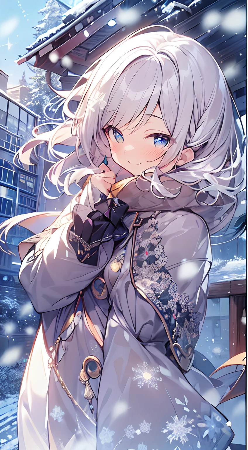 masutepiece, Best Quality,Illustration, Wallpaper, ultra -detail, Absurd beauty, 1beautiful girl、Bright hair color、Glitter and big eyes、Hair fluttering in the wind、ample breasts、♡、Smaller head、Winter scene、miscievous smile、bustup